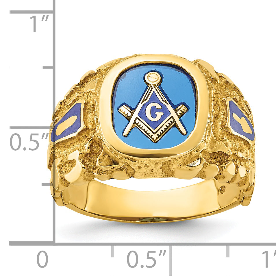 14k Men's Polished and Nugget Textured with Blue Enamel and Lab Created Sapphire Blue Lodge Master M - Sophia Jewelers
