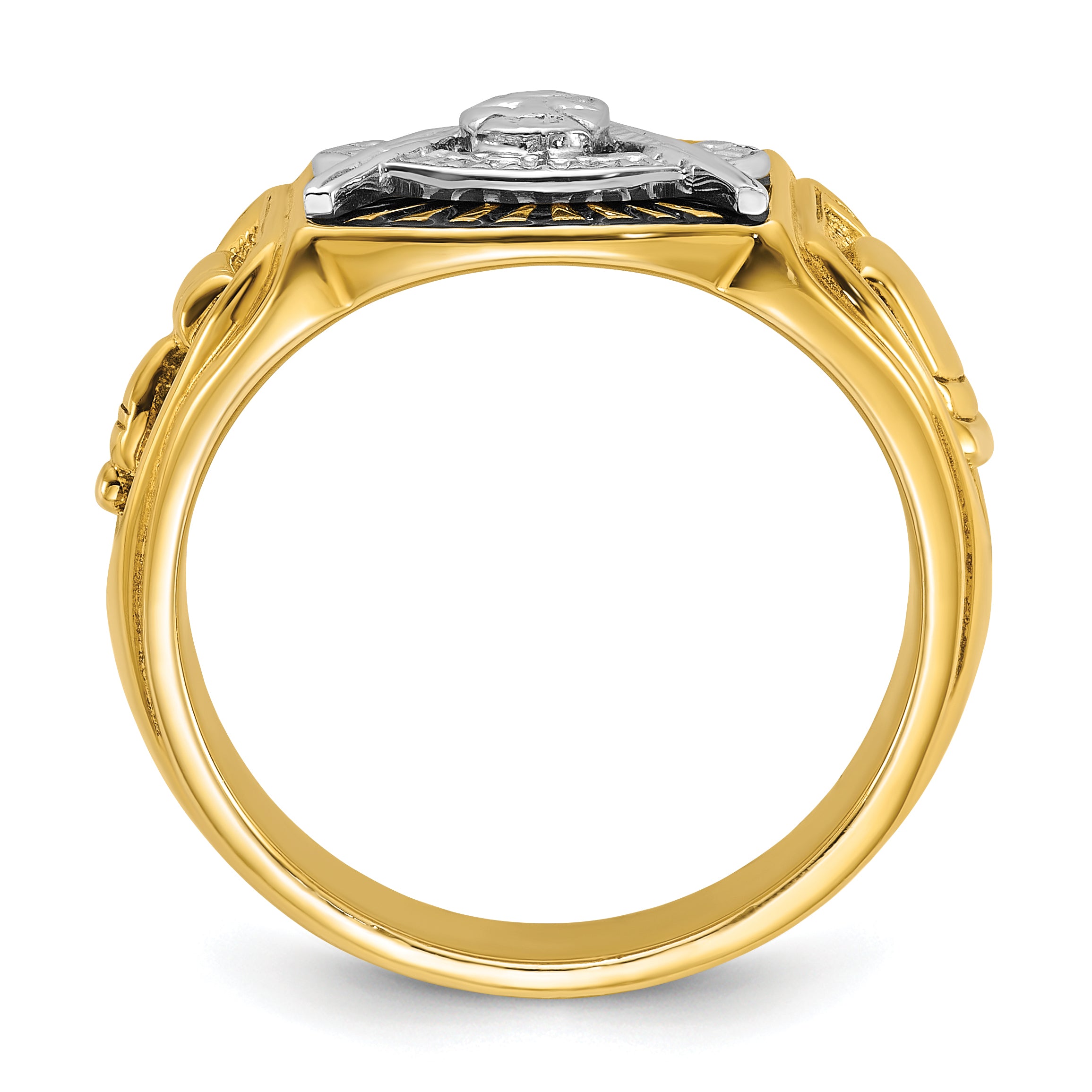 10k Two-tone Men's Polished and Textured with Black Enamel Past Master Masonic Ring