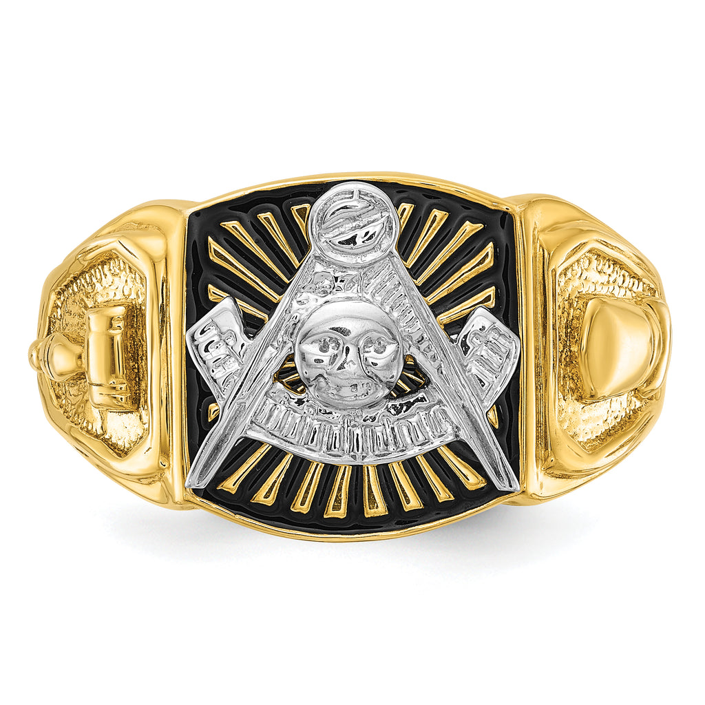 14k Two-tone Men's Polished and Textured with Black Enamel Past Master Masonic Ring - Sophia Jewelers