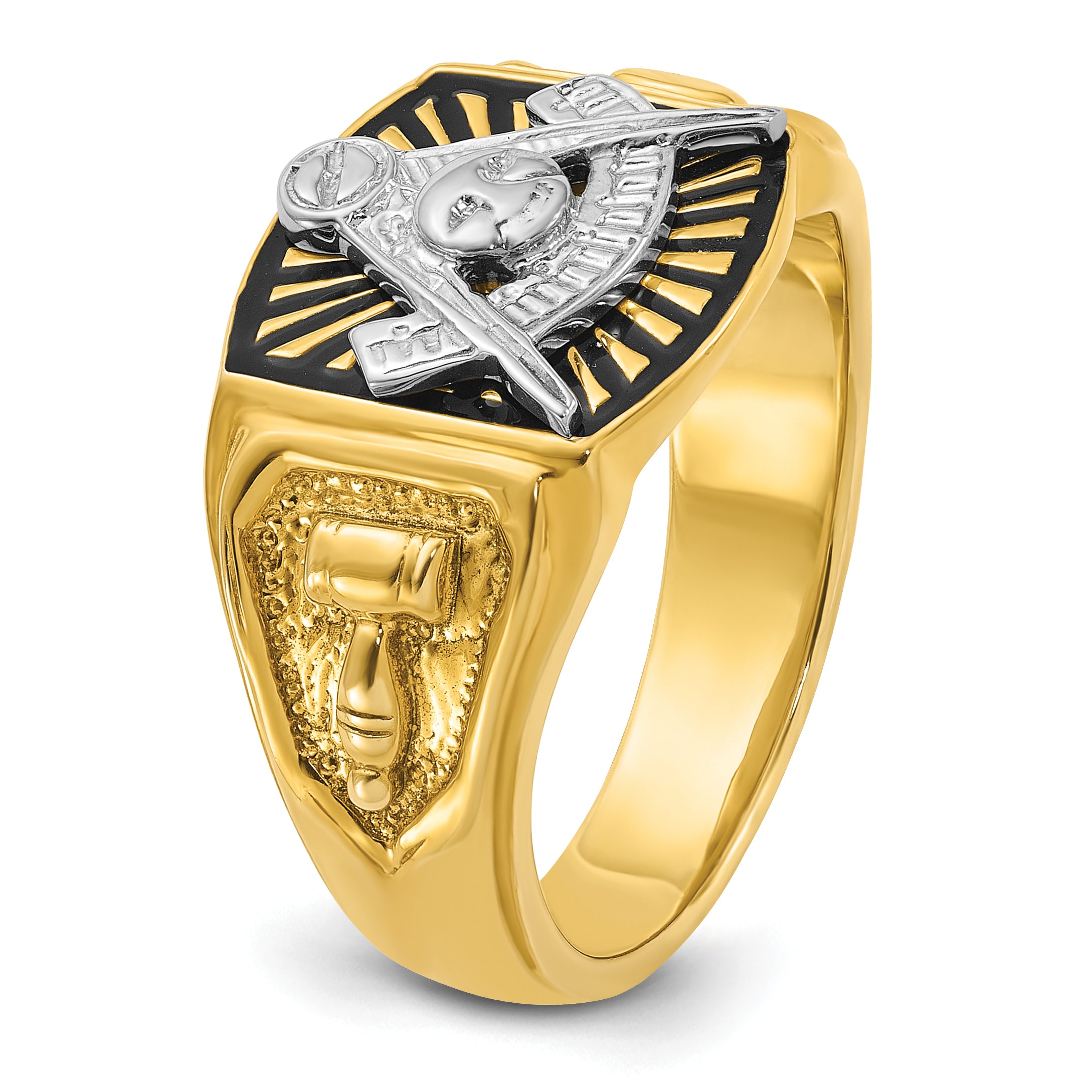 14k Two-tone Men's Polished and Textured with Black Enamel Past Master Masonic Ring - Sophia Jewelers