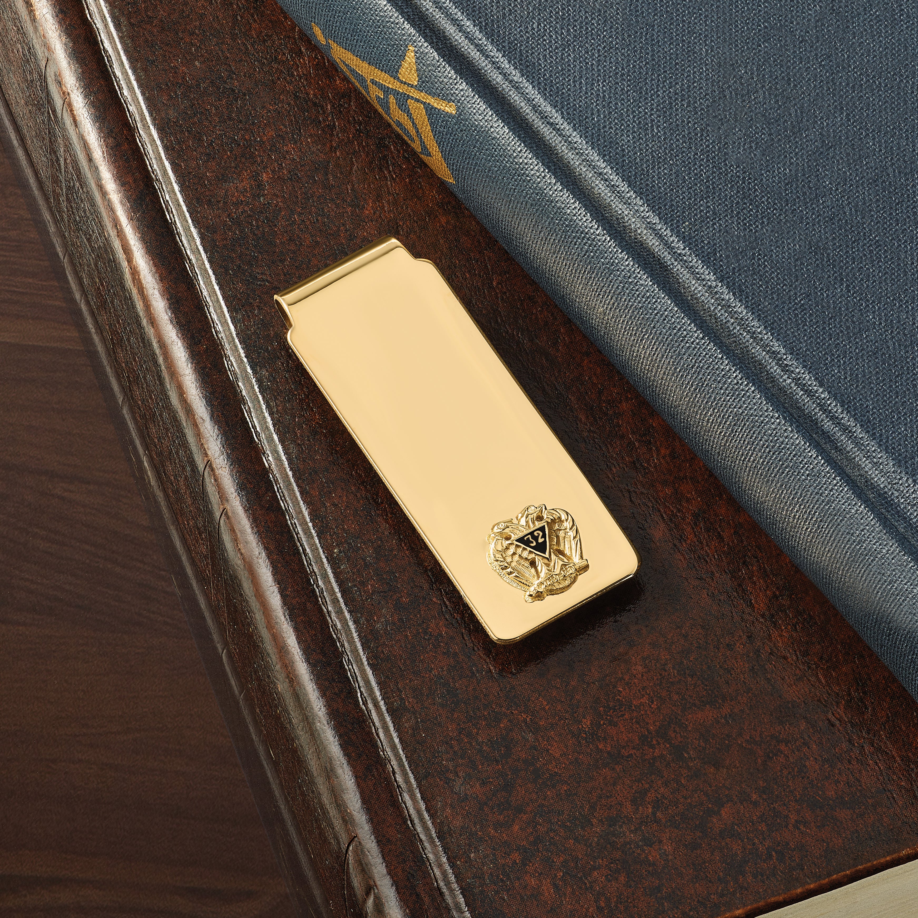 14k Men's Polished and Textured with Black Enamel 32 Degree Scottish Rite Masonic Medium Money Clip