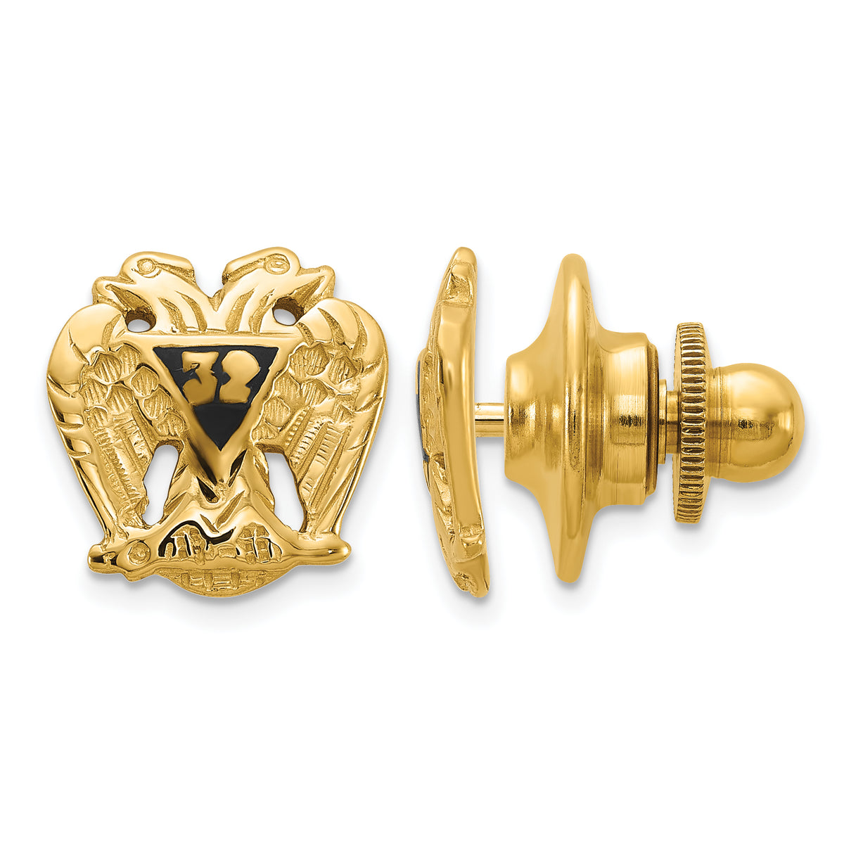 14k Men's Polished and Textured with Black Enamel 32 Degree Scottish Rite Masonic Tie / Lapel Pin