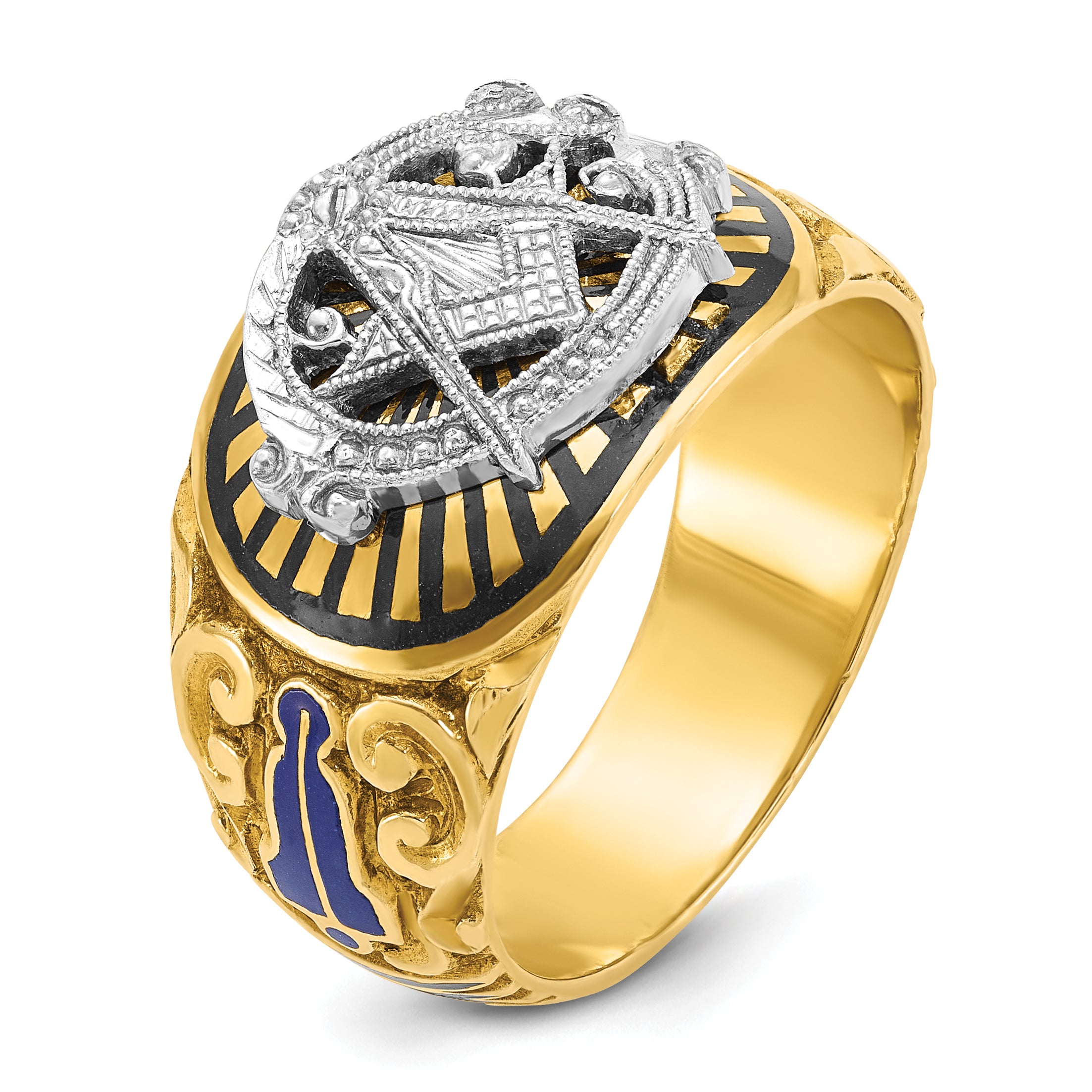 10k Two-tone Men's Polished and Textured with Multi-color Enamel Blue Lodge Master Masonic Ring