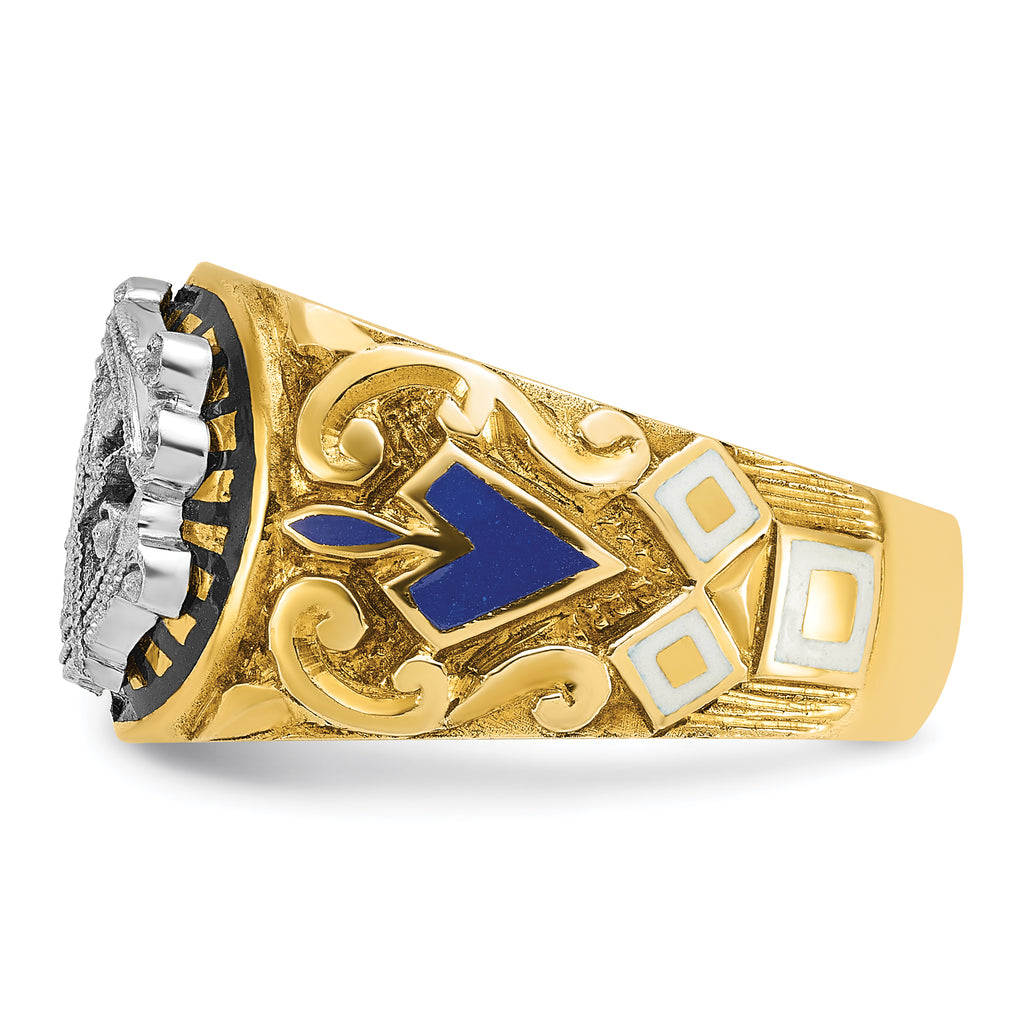 14k Two-tone Men's Polished and Textured with Multi-color Enamel Blue Lodge Master Masonic Ring