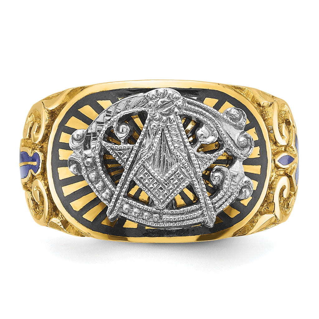 14k Two-tone Men's Polished and Textured with Multi-color Enamel Blue Lodge Master Masonic Ring