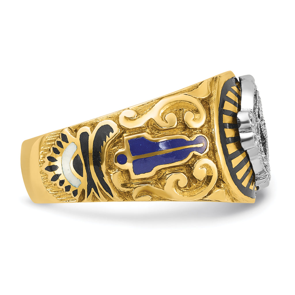 14k Two-tone Men's Polished and Textured with Multi-color Enamel Blue Lodge Master Masonic Ring
