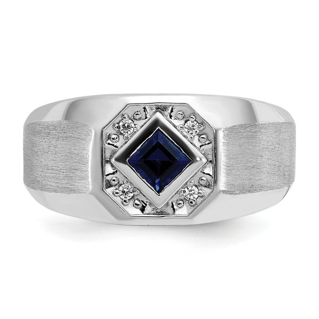 14k White Gold Mens Square Lab Created Sapphire and 1/20 carat Diamond Satin Complete Ring - Sophia Jewelers