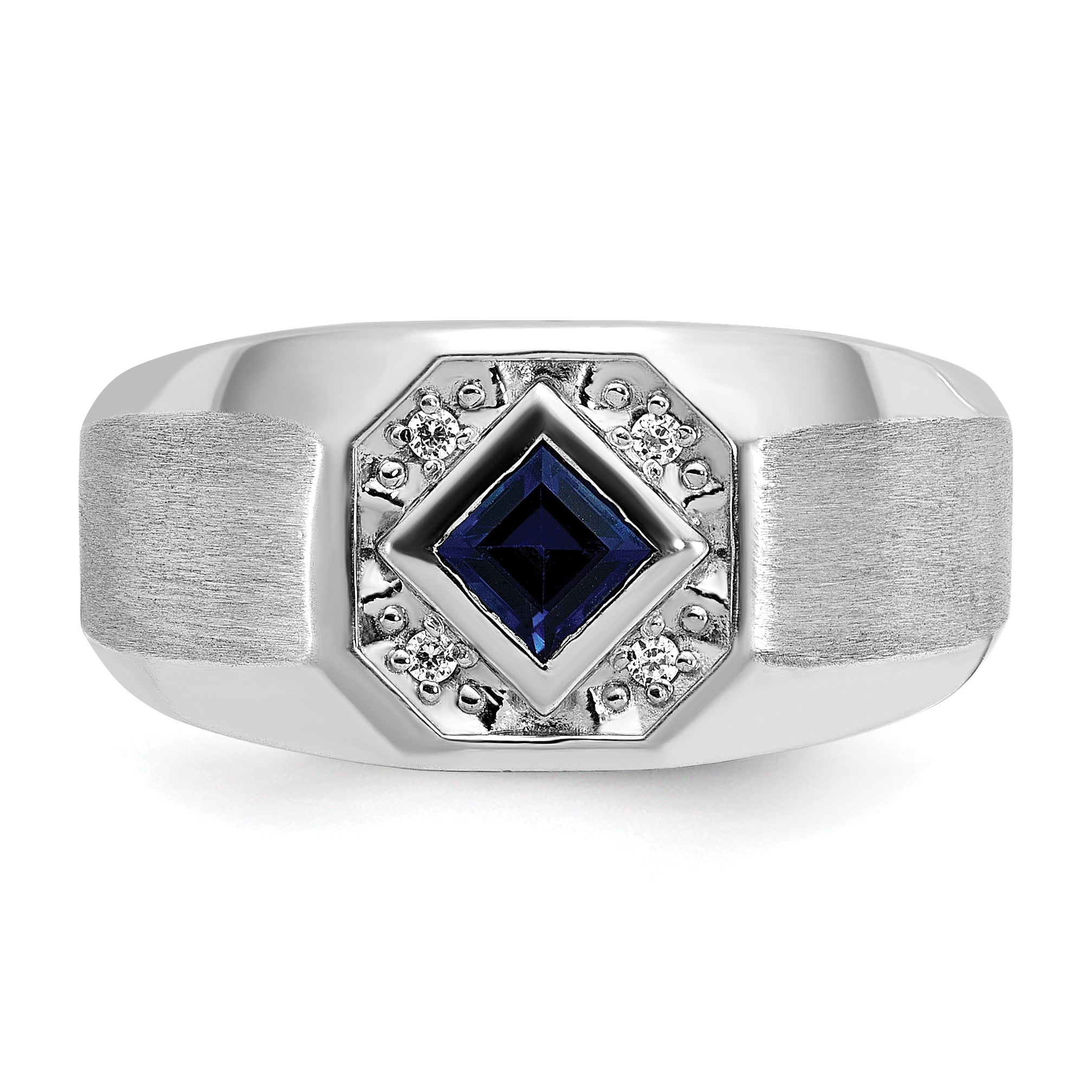 14k White Gold Mens Square Lab Created Sapphire and 1/20 carat Diamond Satin Complete Ring - Sophia Jewelers