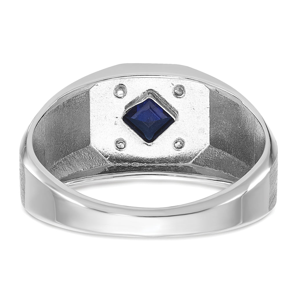 14k White Gold Mens Square Lab Created Sapphire and 1/20 carat Diamond Satin Complete Ring - Sophia Jewelers
