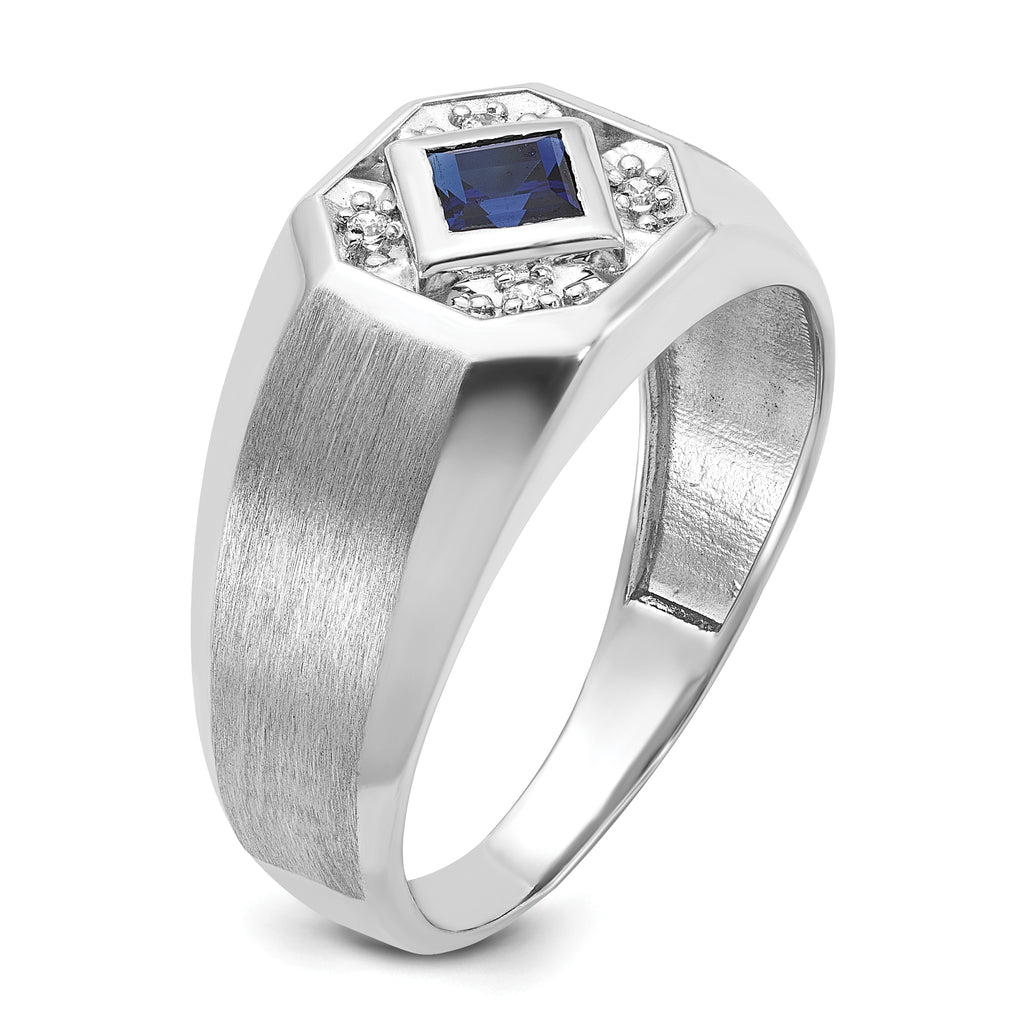 14k White Gold Mens Square Lab Created Sapphire and 1/20 carat Diamond Satin Complete Ring - Sophia Jewelers