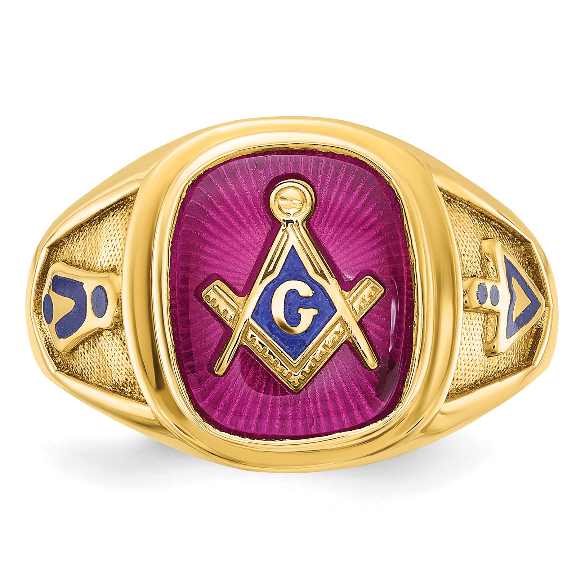 10k Men's Polished and Textured with Blue Enamel and Lab Created Ruby Blue Lodge Master Masonic Ring