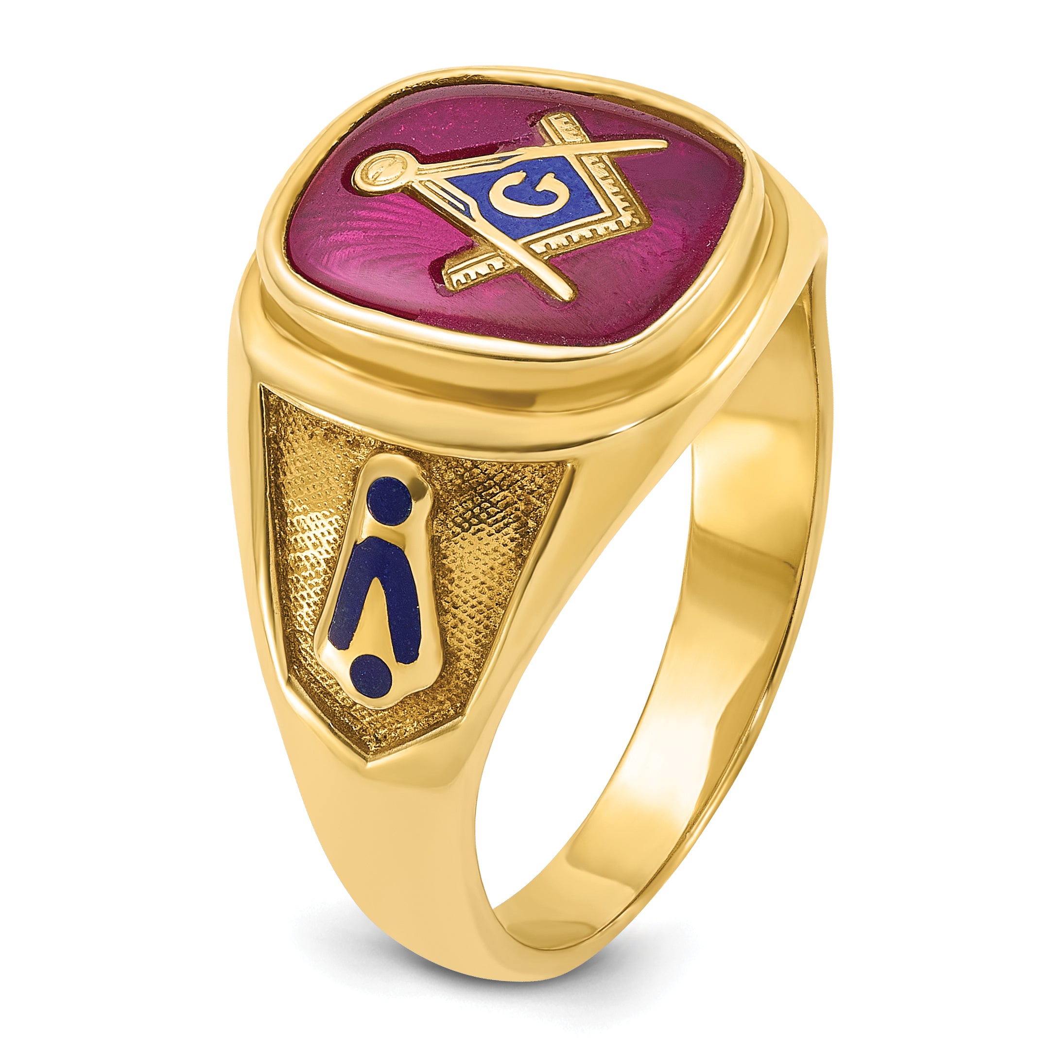 10k Men's Polished and Textured with Blue Enamel and Lab Created Ruby Blue Lodge Master Masonic Ring