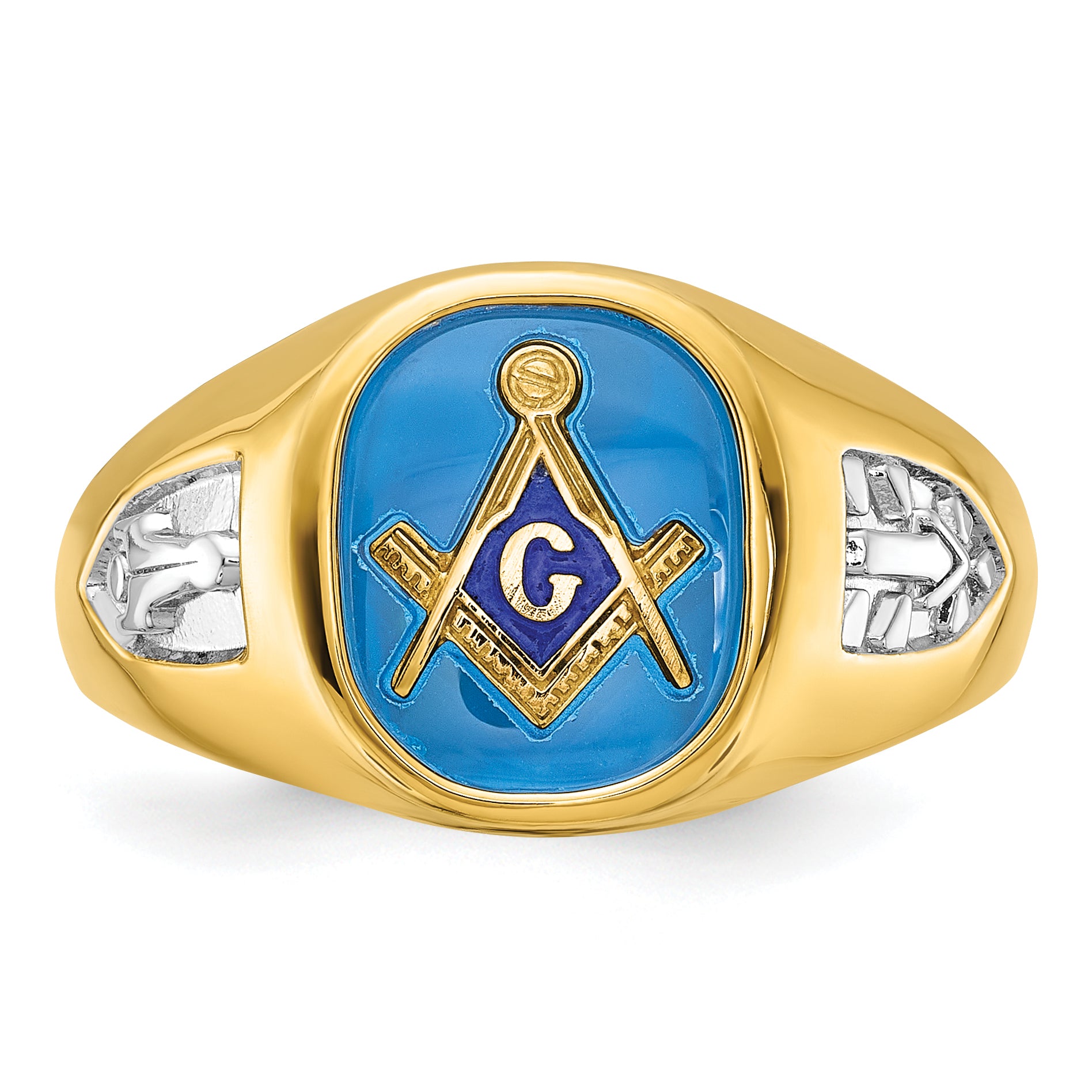 10k with White Rhodium Men's Polished and Textured with Lab Created Sapphire Blue Lodge Master Masonic Ring