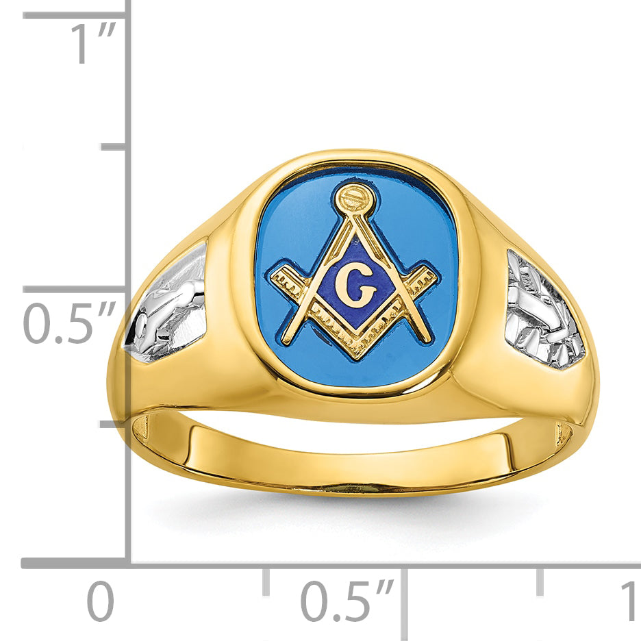 14k with White Rhodium Men's Polished and Textured with Lab Created Sapphire Blue Lodge Master Mason - Sophia Jewelers