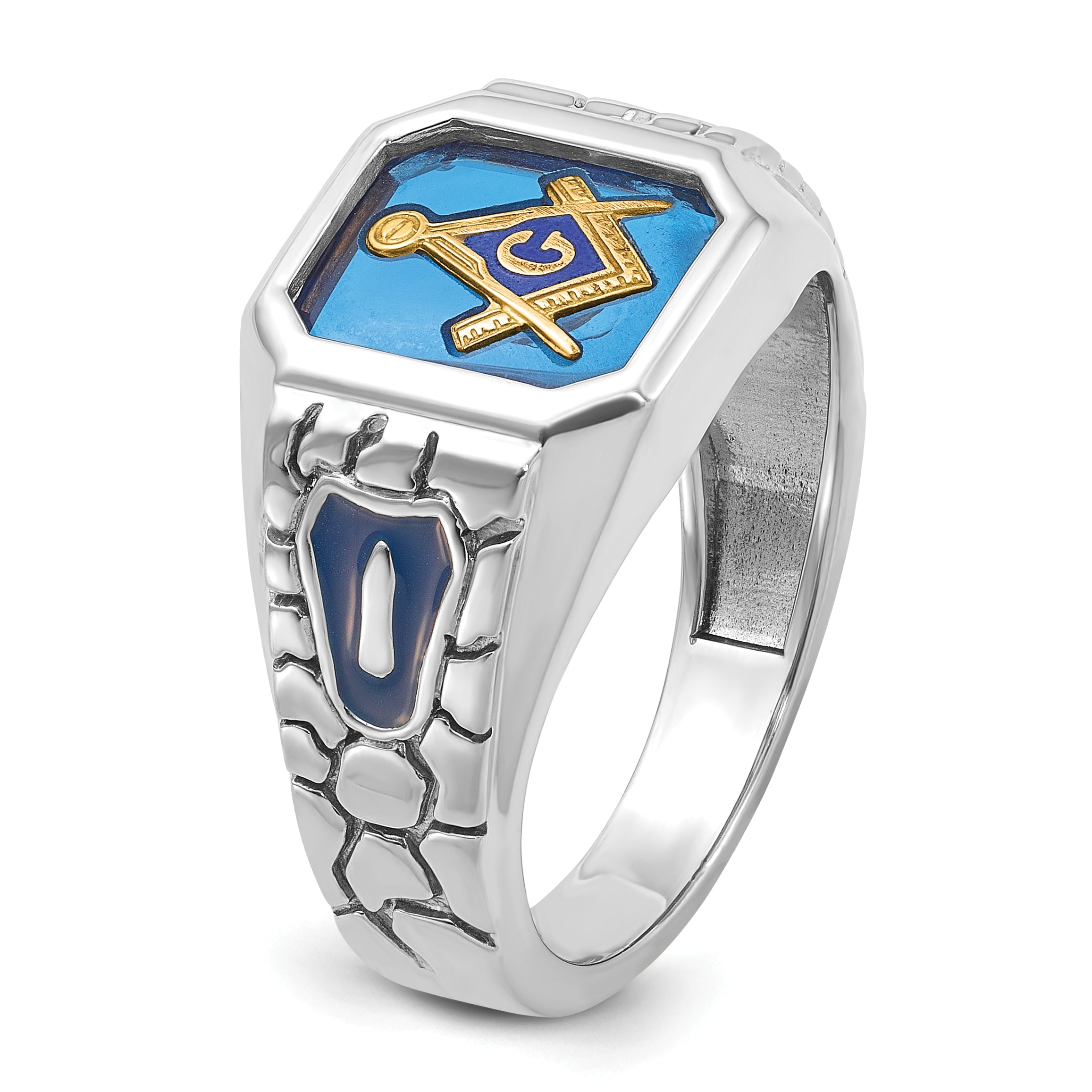 14k White Gold Men's Polished and Textured with Blue Enamel and Lab Created Sapphire Blue Lodge Mast - Sophia Jewelers
