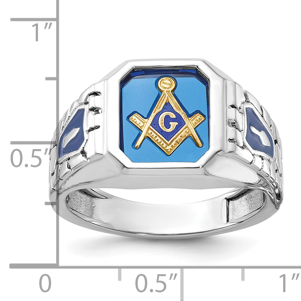 14k White Gold Men's Polished and Textured with Blue Enamel and Lab Created Sapphire Blue Lodge Mast - Sophia Jewelers
