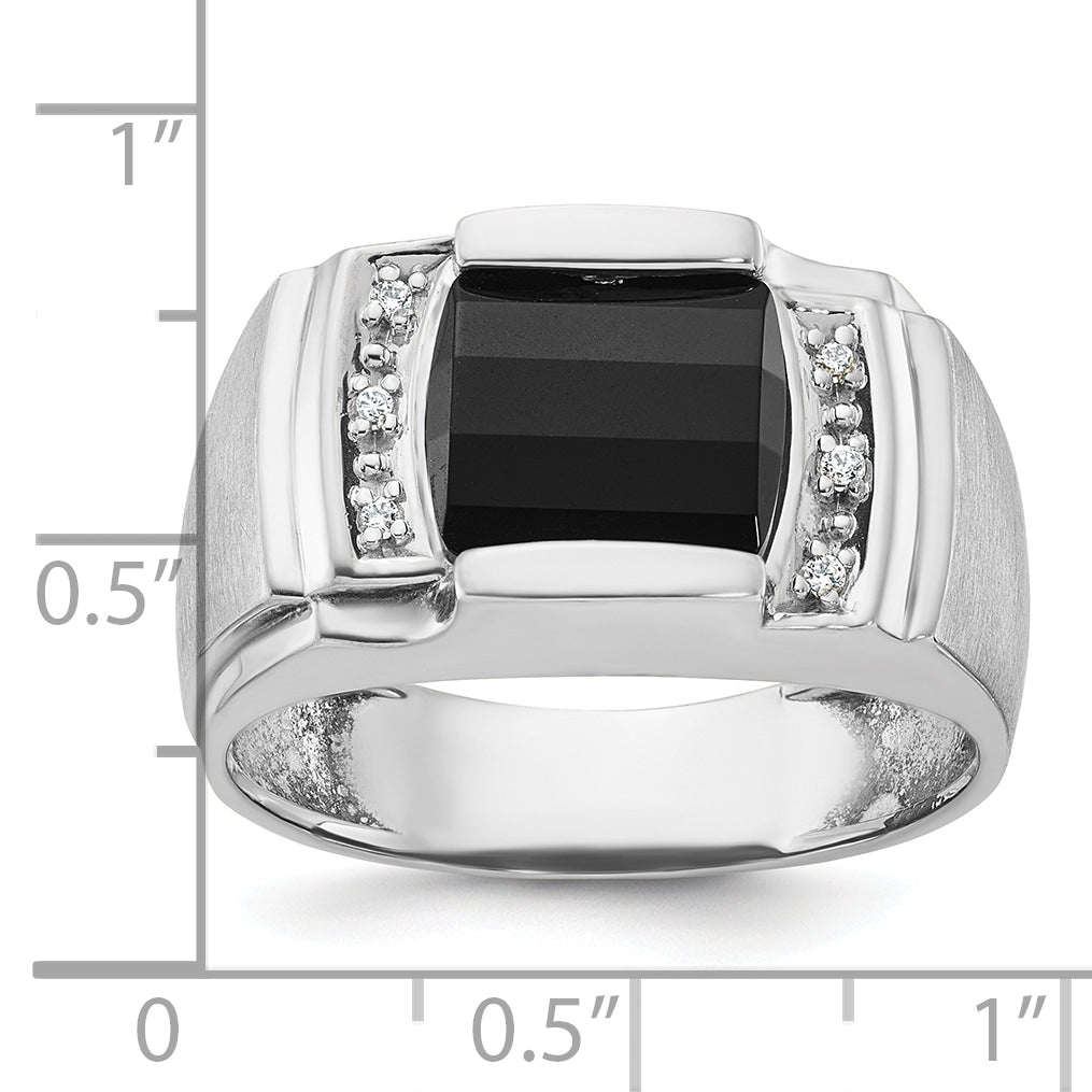 14k White Gold Mens Satin Barrel Onyx and 1/20 carat Diamond Complete Ring - Sophia Jewelers