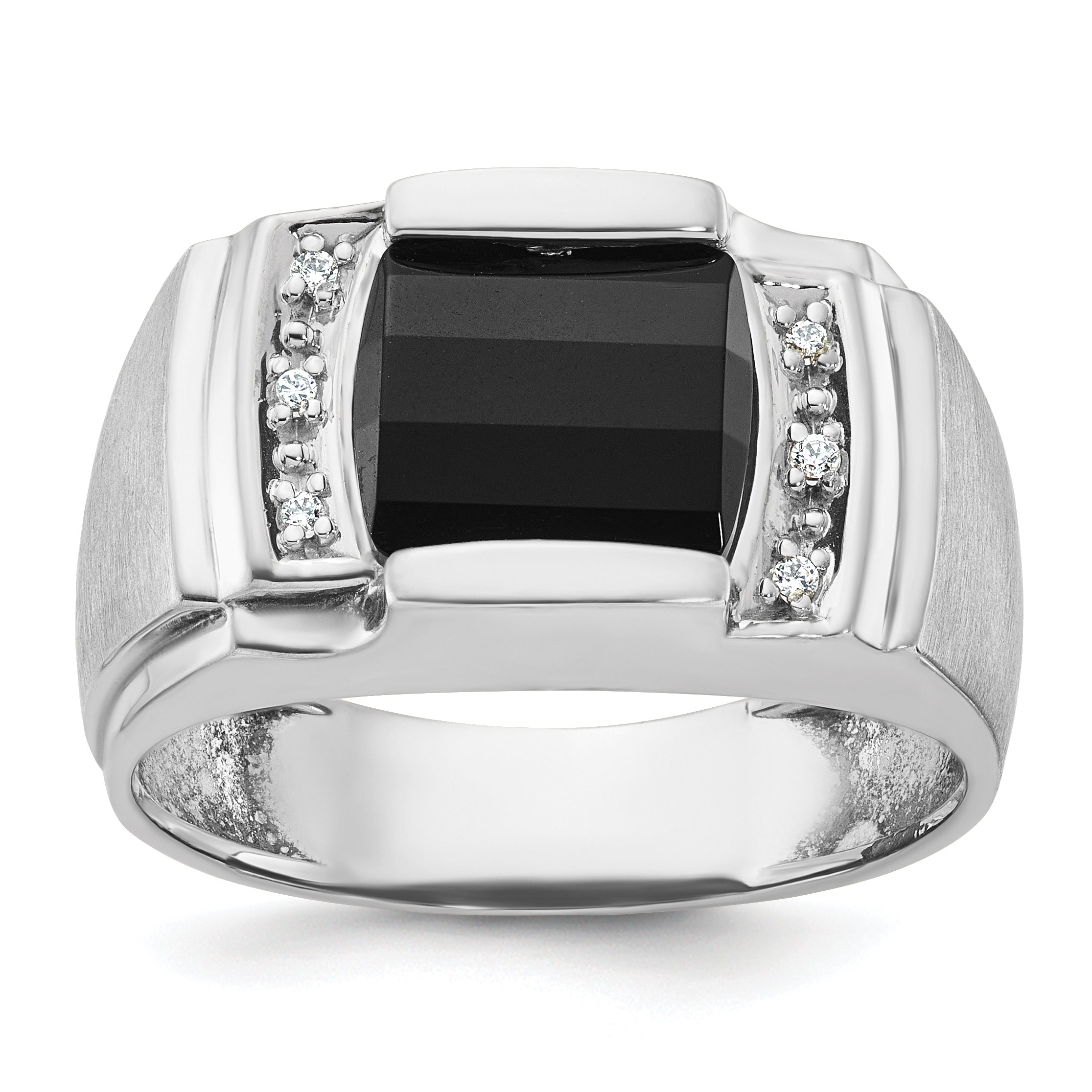 14k White Gold Mens Satin Barrel Onyx and 1/20 carat Diamond Complete Ring - Sophia Jewelers Main image