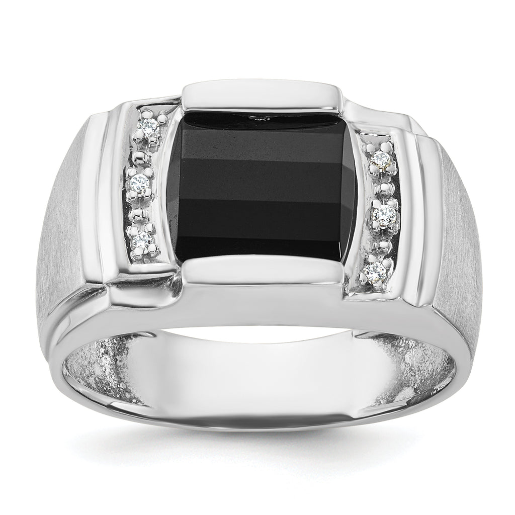 14k White Gold Mens Satin Barrel Onyx and 1/20 carat Diamond Complete Ring - Sophia Jewelers