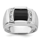 14k White Gold Mens Satin Barrel Onyx and 1/20 carat Diamond Complete Ring - Sophia Jewelers