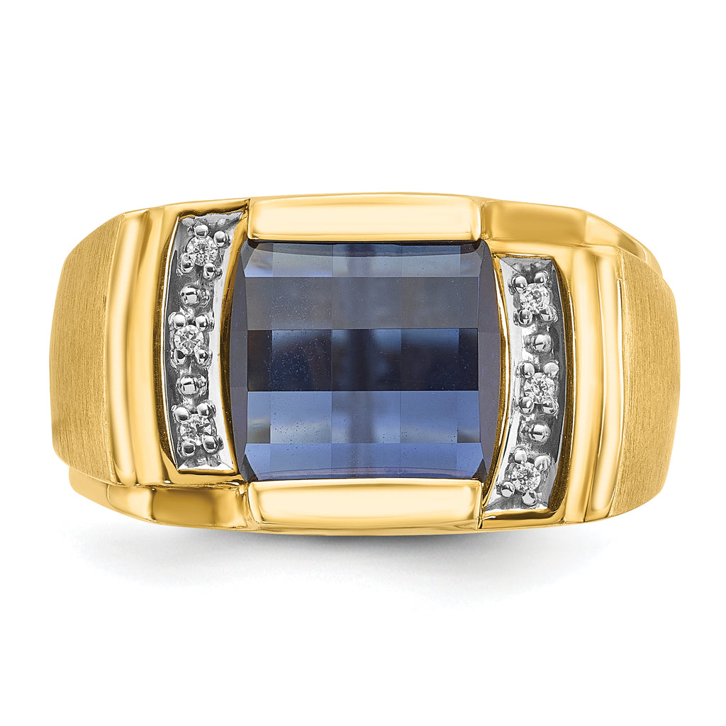 14k Mens Barrel Lab Created Sapphire and 1/20 carat Diamond Complete Ring - Sophia Jewelers