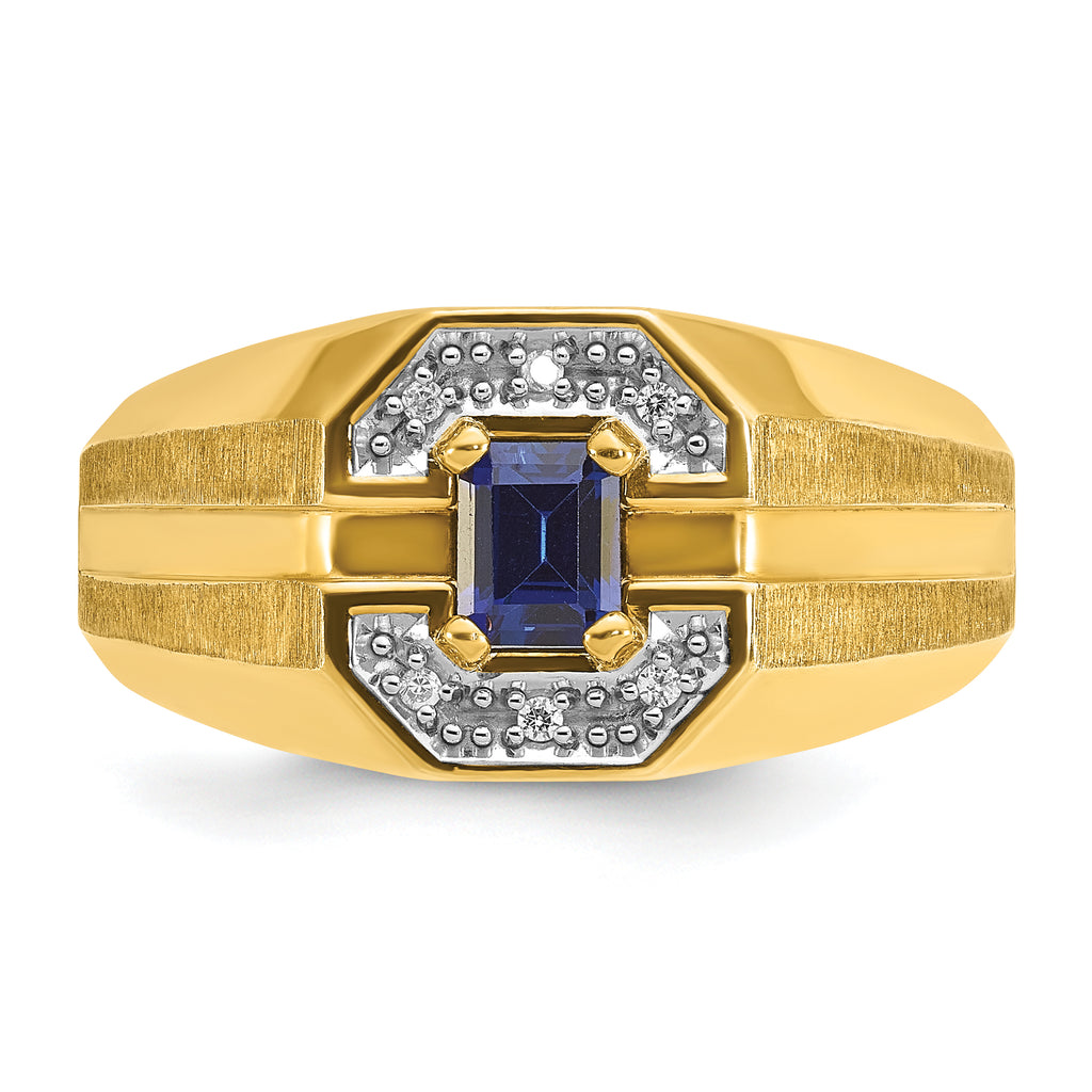 14k Mens Octagon Lab Created Sapphire and 1/20 carat Diamond Satin Complete Ring - Sophia Jewelers