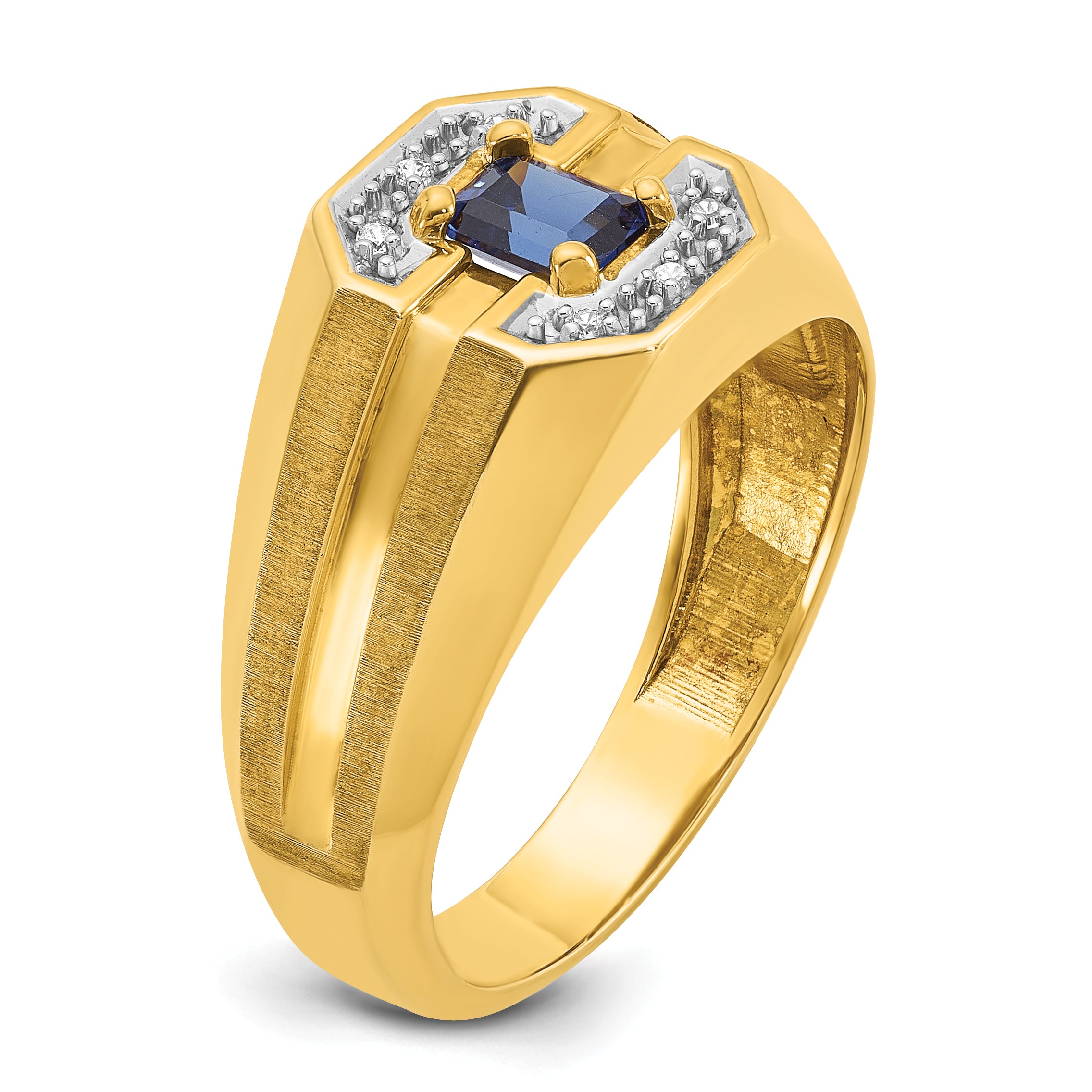 14k Mens Octagon Lab Created Sapphire and 1/20 carat Diamond Satin Complete Ring - Sophia Jewelers
