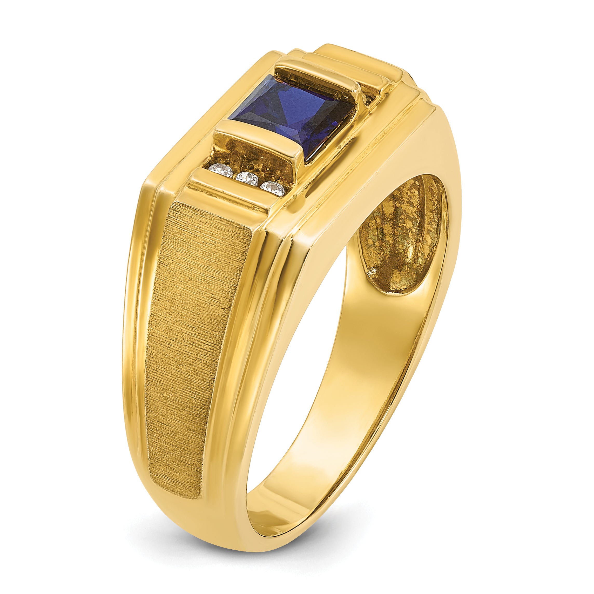 14k Mens Square Lab Created Sapphire and 1/20 carat Diamond Satin Complete Ring - Sophia Jewelers