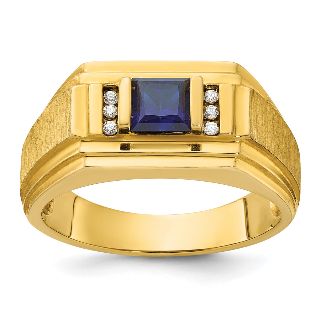 14k Mens Square Lab Created Sapphire and 1/20 carat Diamond Satin Complete Ring - Sophia Jewelers