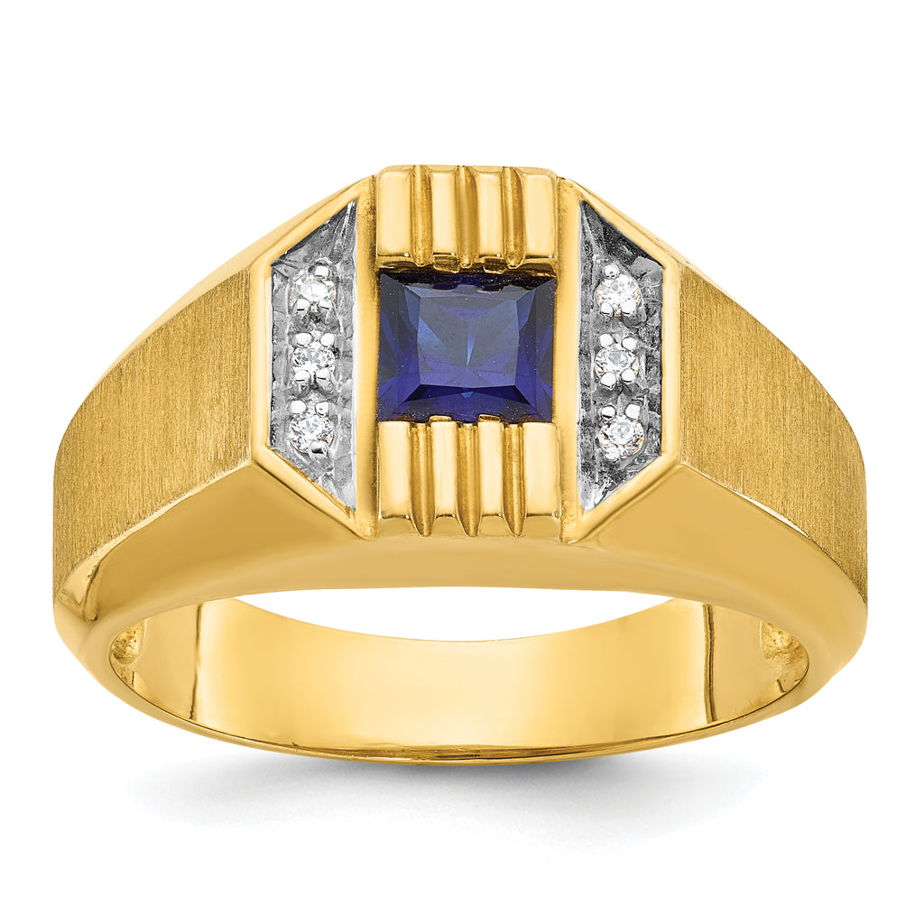 14k Mens Square Lab Created Sapphire and 1/20 carat Diamond Satin Complete Ring - Sophia Jewelers