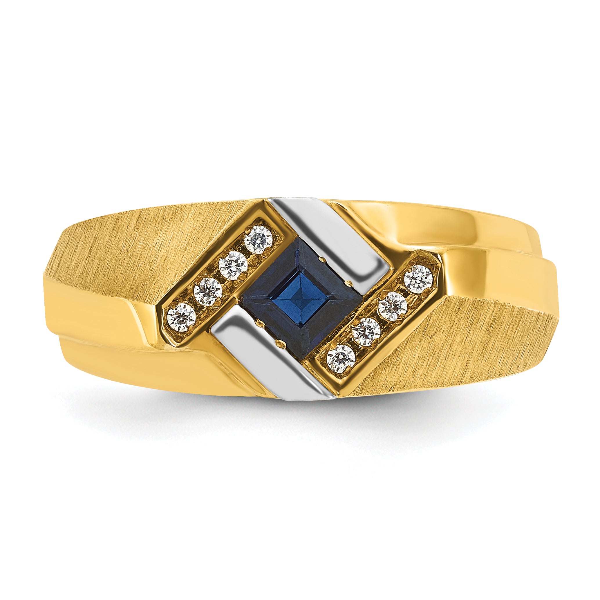 14k Mens Square Lab Created Sapphire and 1/15 carat Diamond Satin Complete Ring - Sophia Jewelers