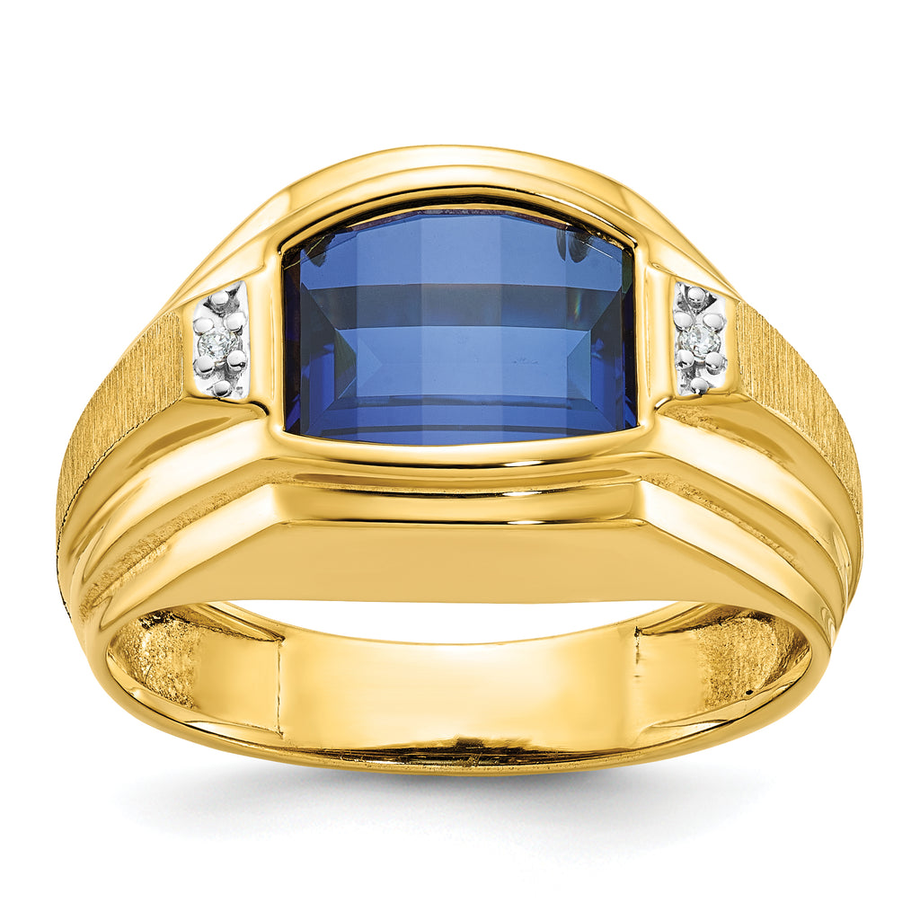14k Mens Polished and Satin Barrel Lab Created Sapphire and Diamond Complete Ring - Sophia Jewelers