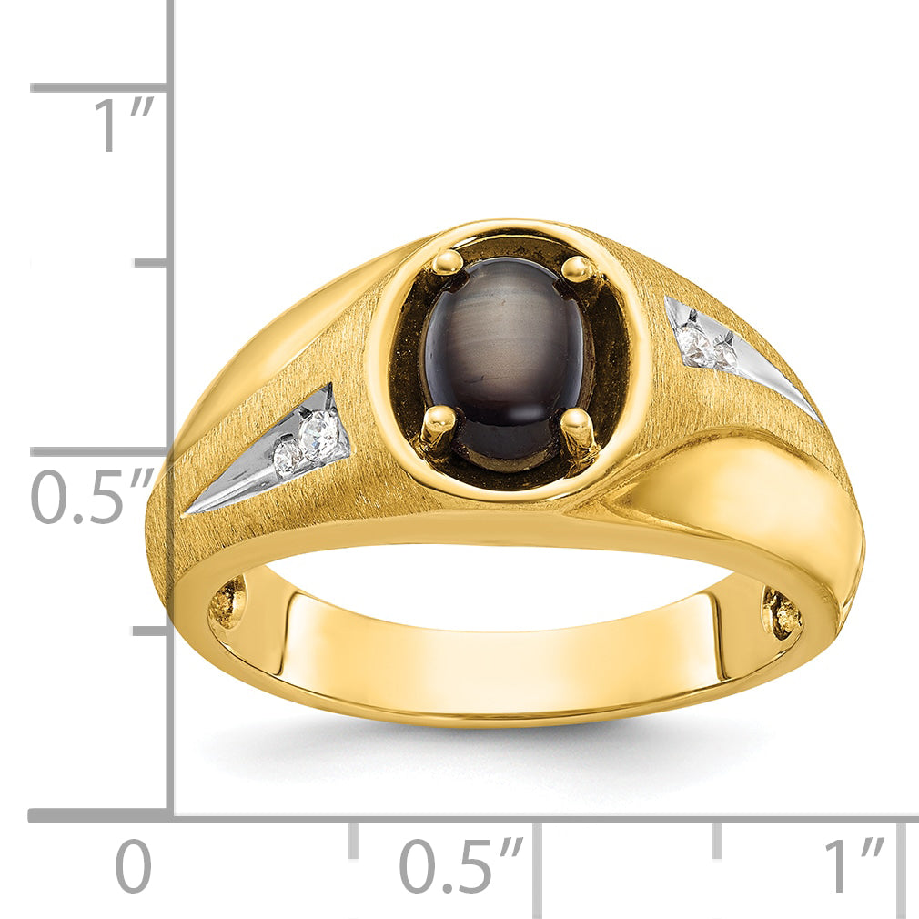 14k Mens Satin Oval Black Star Sapphire and 1/20 carat Diamond Complete Ring - Sophia Jewelers