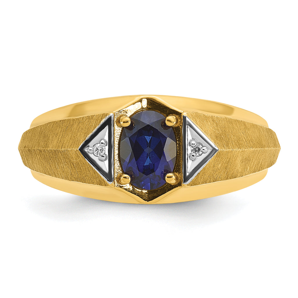 14k Mens Oval Lab Created Sapphire and Diamond Satin Complete Ring - Sophia Jewelers