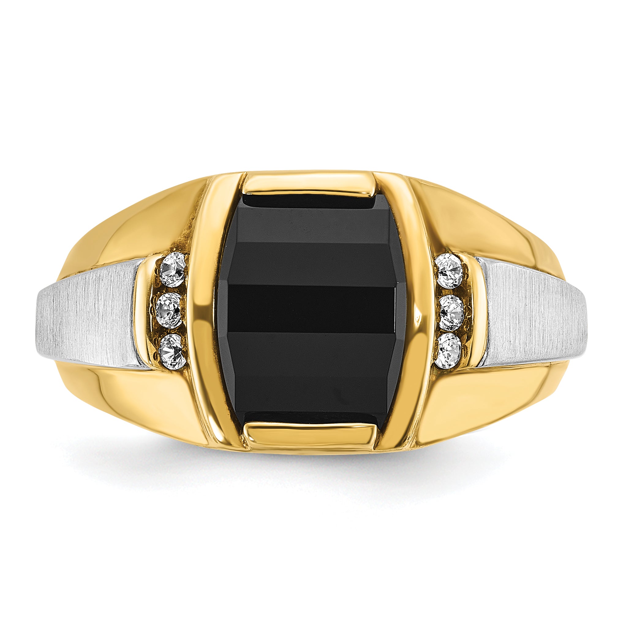 14k Two-tone Mens Satin Barrel Onyx and 1/10 carat Diamond Complete Ring - Sophia Jewelers