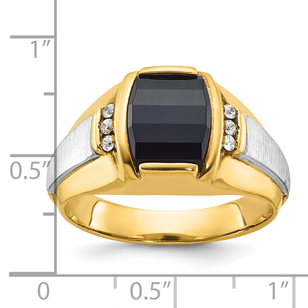 14k Two-tone Mens Satin Barrel Onyx and 1/10 carat Diamond Complete Ring - Sophia Jewelers