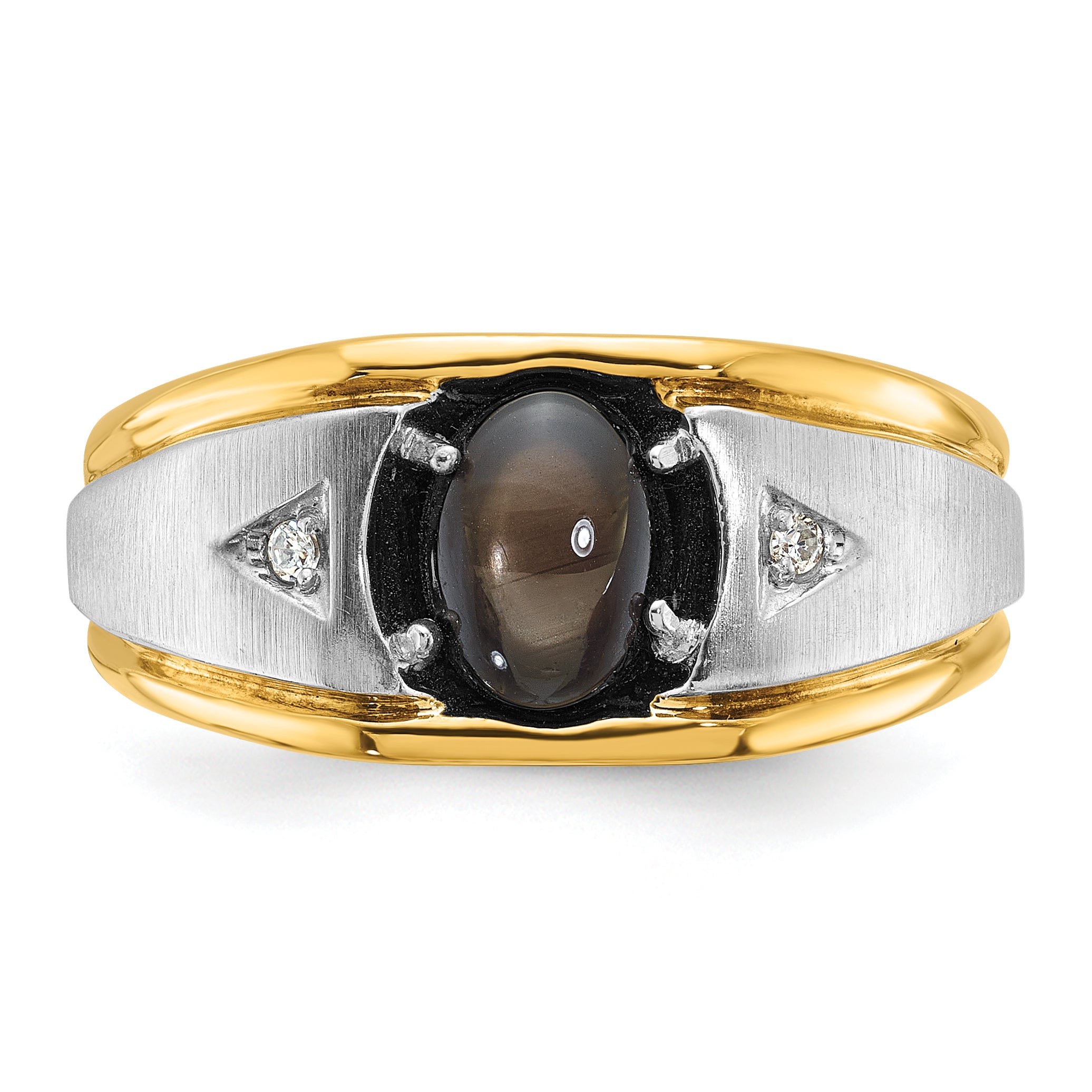 10k Two-tone Men's Polished Satin and Grooved Black Star Sapphire and A Quality Diamond Ring