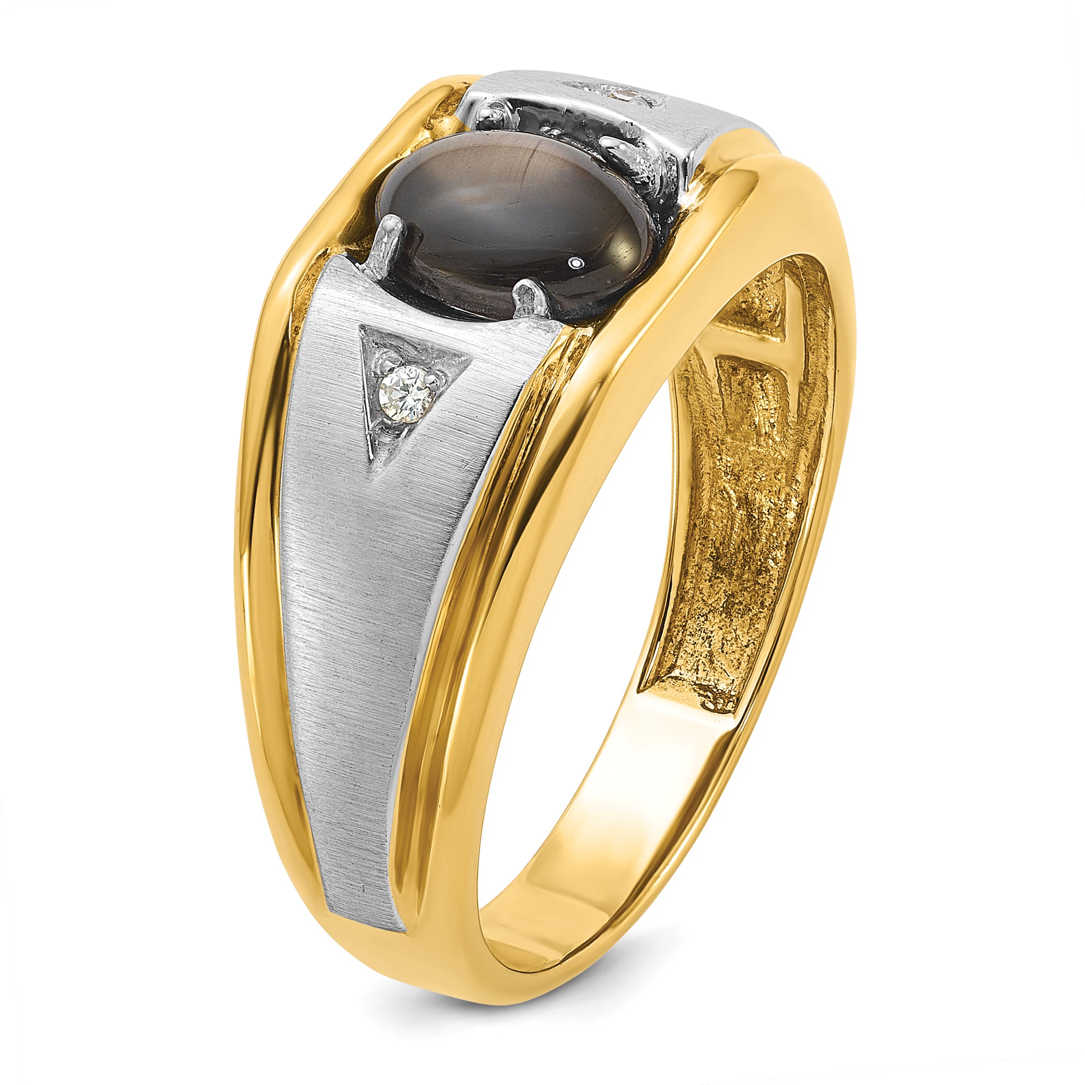 10k Two-tone Men's Polished Satin and Grooved Black Star Sapphire and A Quality Diamond Ring