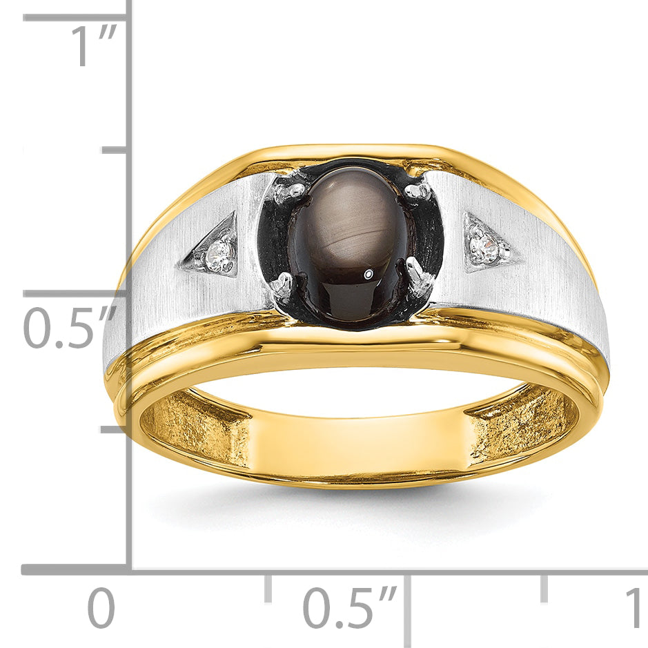 10k Two-tone Men's Polished Satin and Grooved Black Star Sapphire and A Quality Diamond Ring