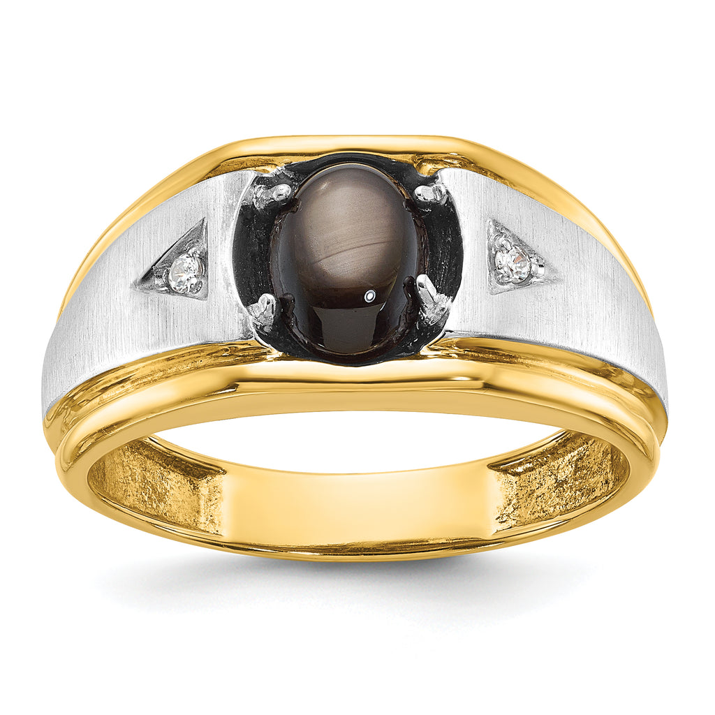 14k Two-tone Men's Polished Satin and Grooved Black Star Sapphire and AA Quality Diamond Ring - Sophia Jewelers