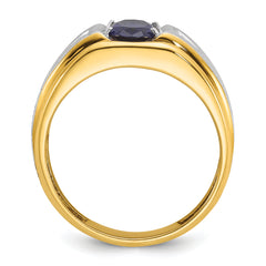 14k Two-tone Men's Polished Satin and Grooved Lab Created Sapphire and AA Quality Diamond Ring