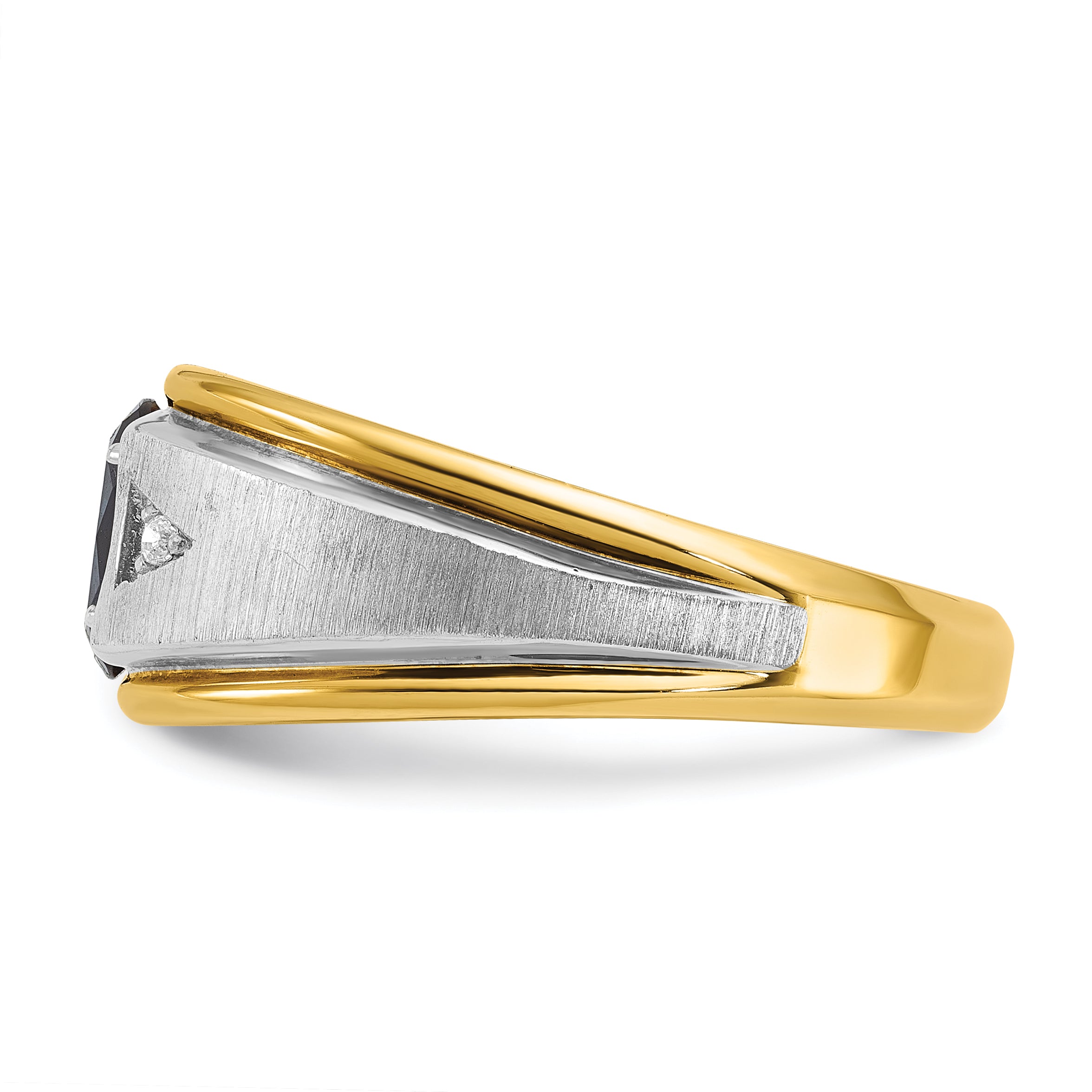 14k Two-tone Men's Polished Satin and Grooved Lab Created Sapphire and AA Quality Diamond Ring