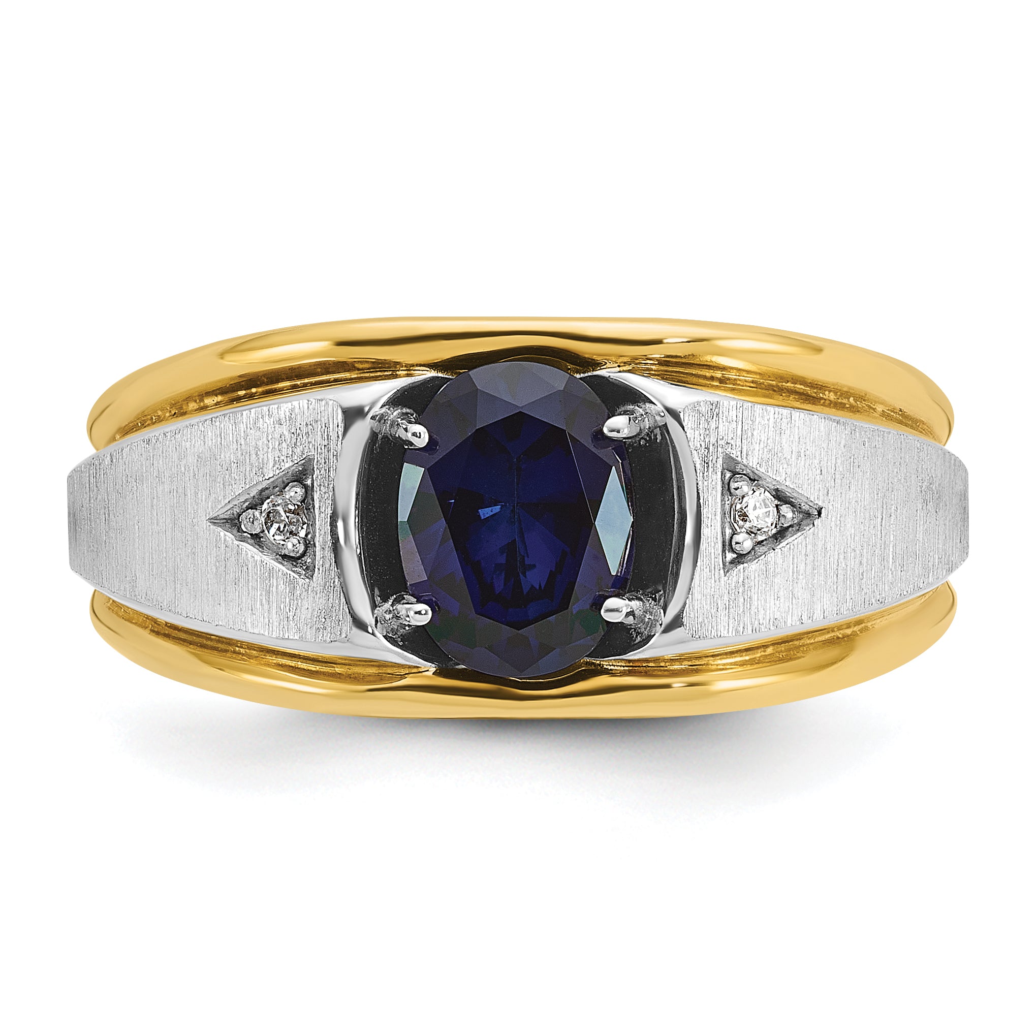 14k Two-tone Men's Polished Satin and Grooved Lab Created Sapphire and AA Quality Diamond Ring