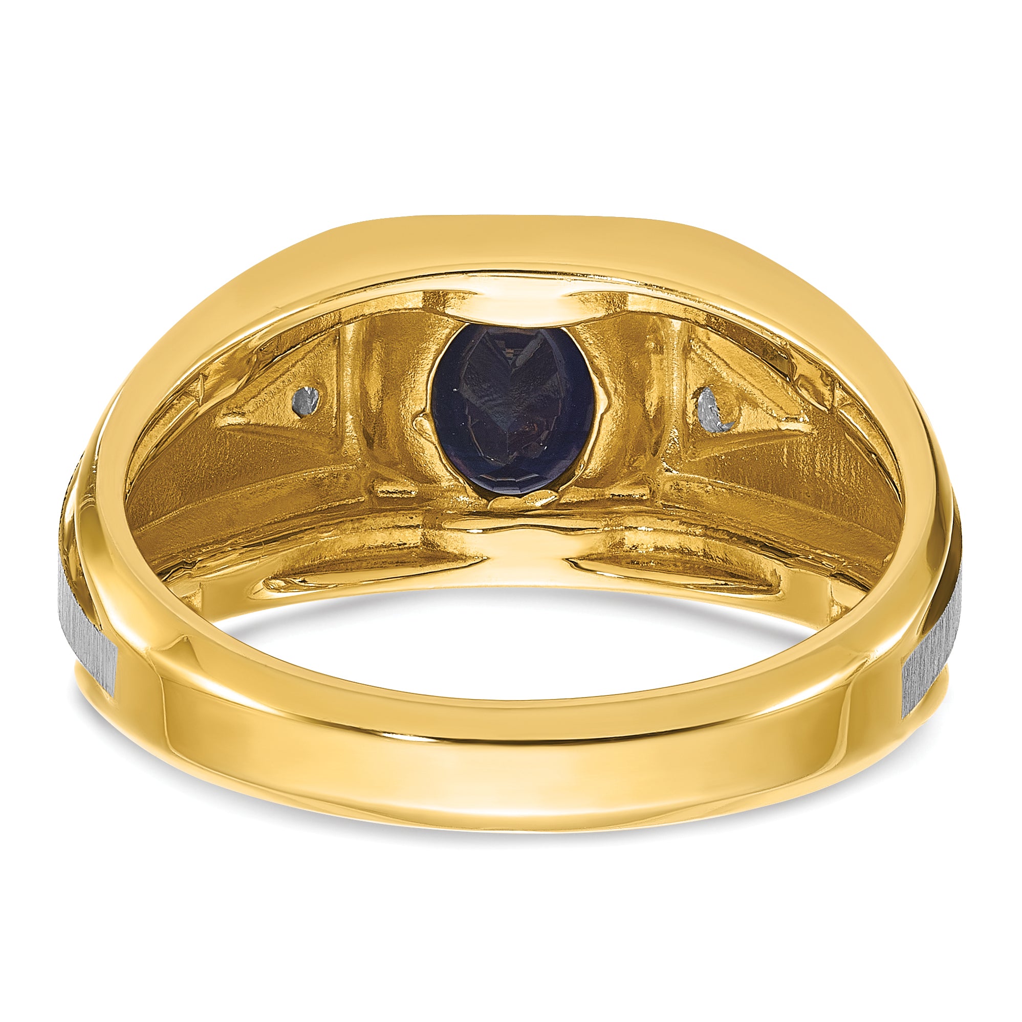 14k Two-tone Men's Polished Satin and Grooved Lab Created Sapphire and AA Quality Diamond Ring