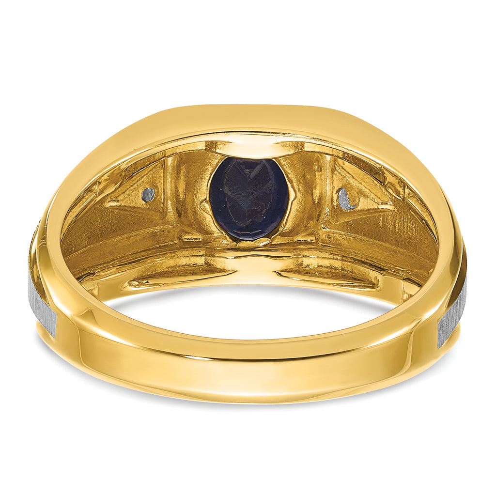 14k Two-tone Men's Polished Satin and Grooved Lab Created Sapphire and AA Quality Diamond Ring