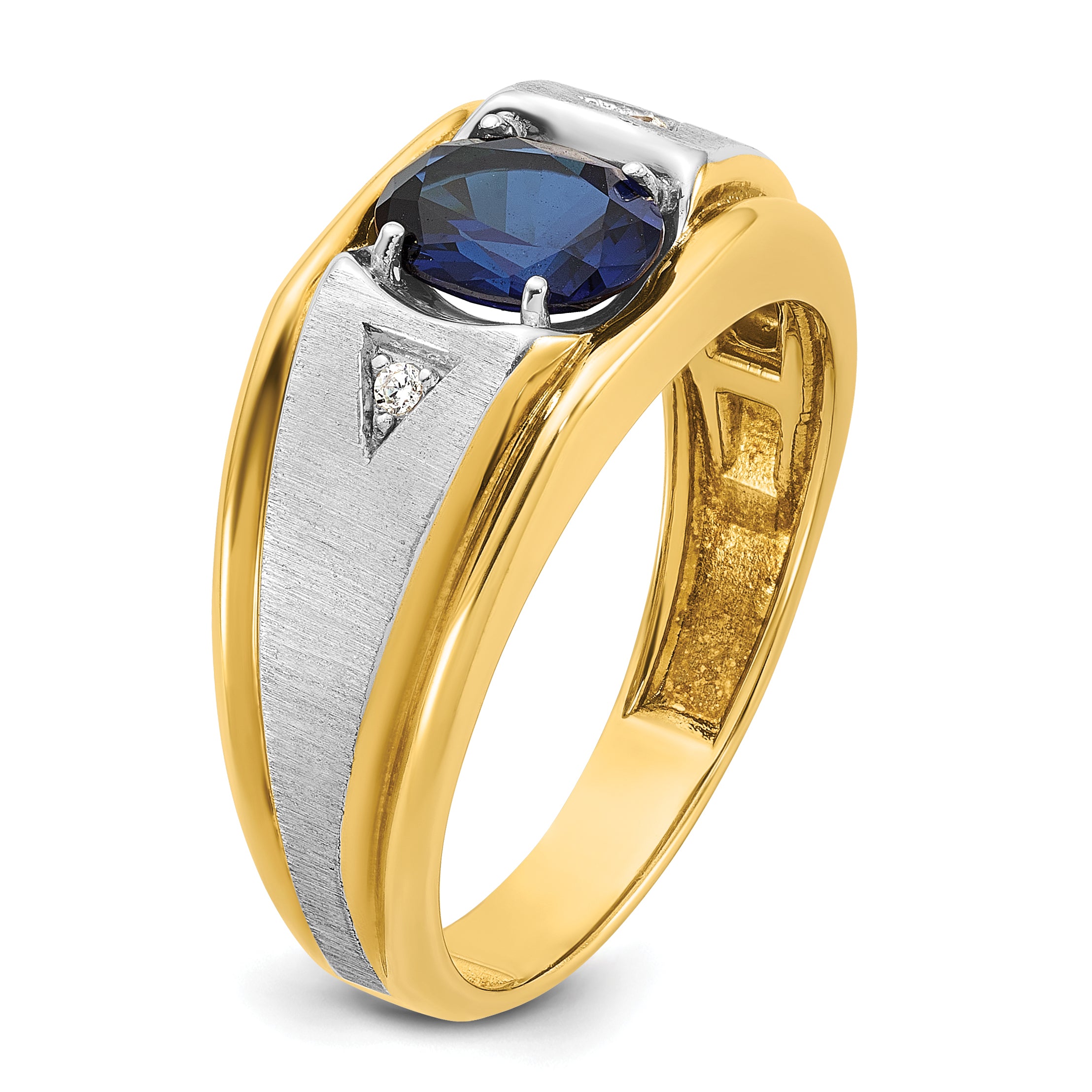 14k Two-tone Men's Polished Satin and Grooved Lab Created Sapphire and AA Quality Diamond Ring