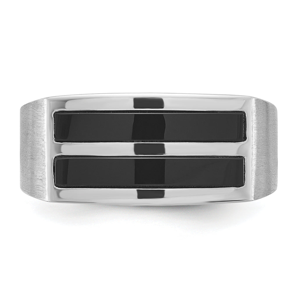 14k White Gold Mens Polished and Satin 2-Row Onyx Ring - Sophia Jewelers