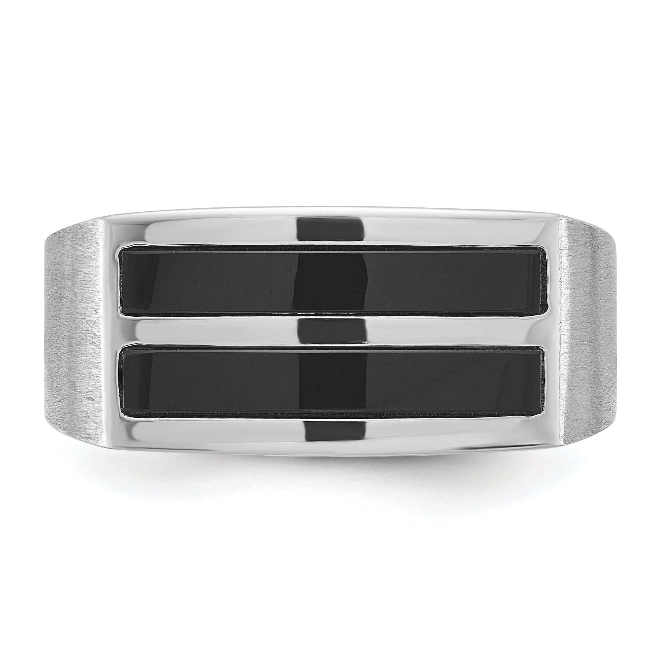 14k White Gold Mens Polished and Satin 2-Row Onyx Ring - Sophia Jewelers