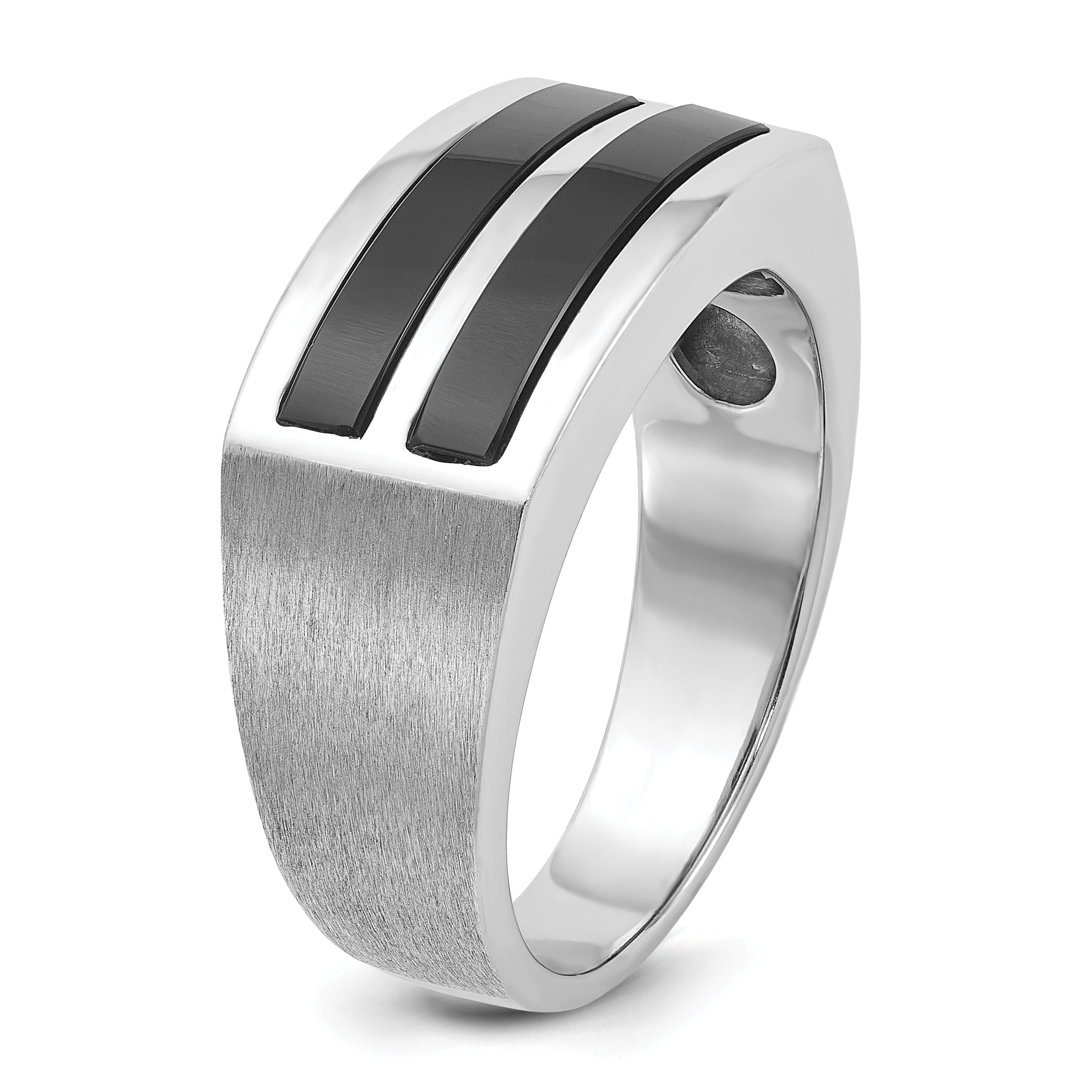 14k White Gold Mens Polished and Satin 2-Row Onyx Ring - Sophia Jewelers