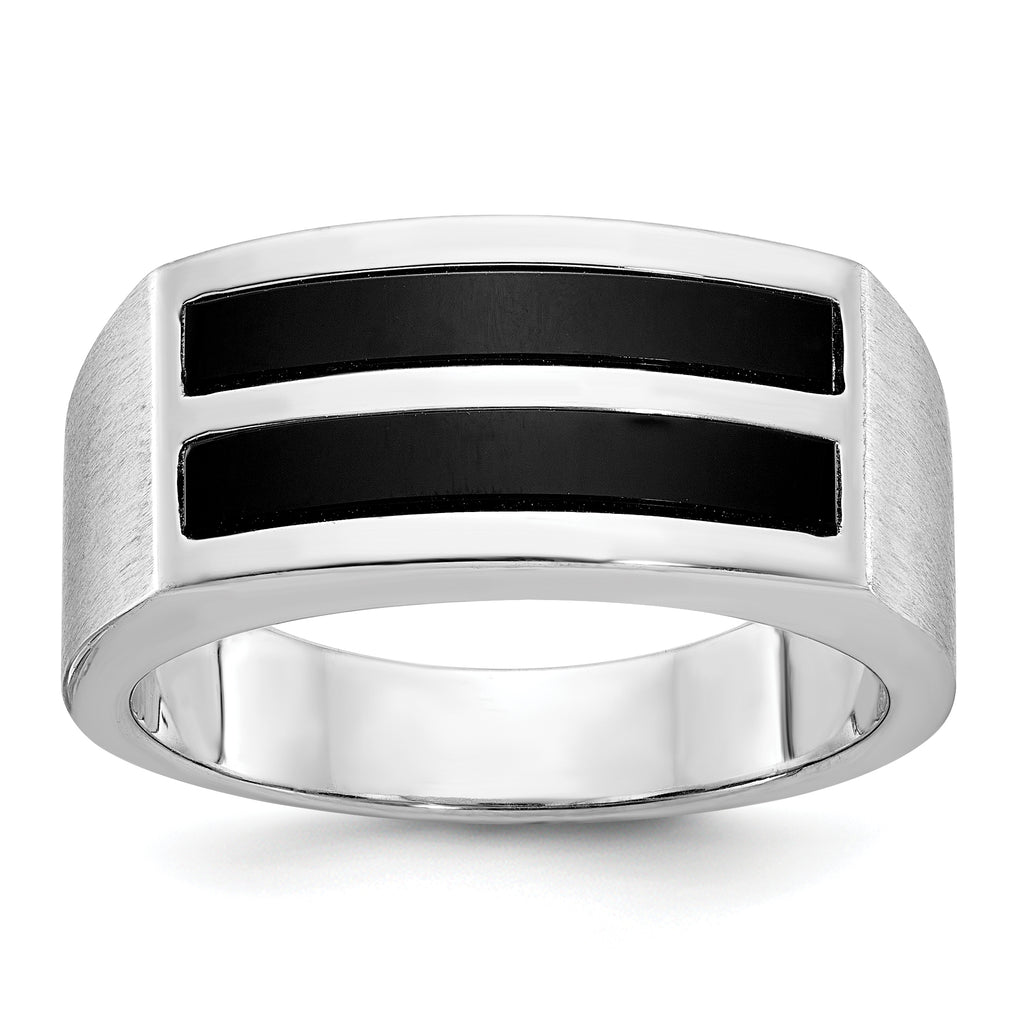 14k White Gold Mens Polished and Satin 2-Row Onyx Ring - Sophia Jewelers